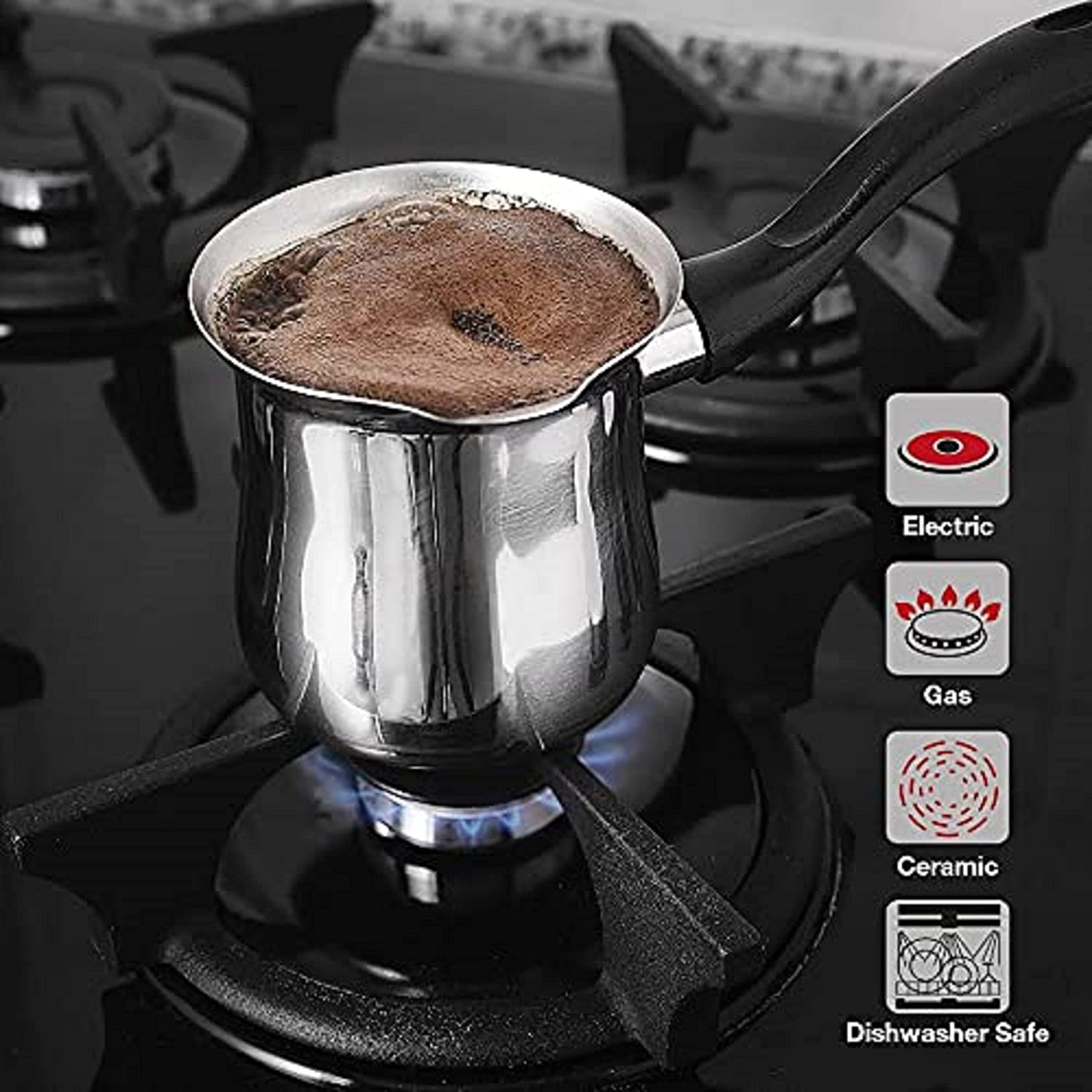 DESTALYA Turkish Coffee Pot Stainless Steel | Ibrik Cezve Briki Arabic Greek Pot, Chocolate Milk Warmer, Sauce Maker | Small Hot Pot with Spout for Stove Top (Coffee Pot Black) image number 4