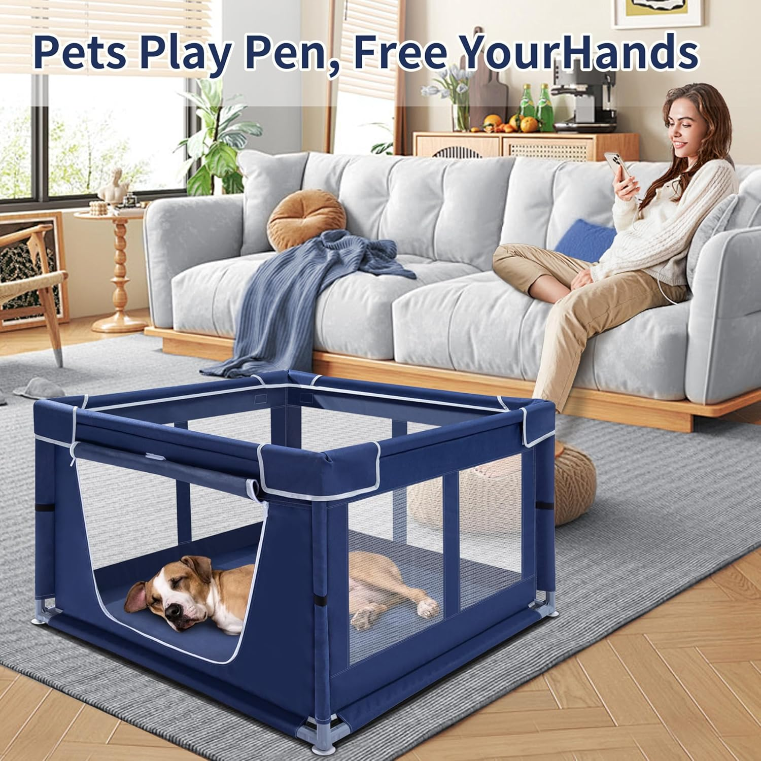 Puppy Playpen Indoor for Small Pets, 42X42X25 Inch, Dog Play Pen with Gate, Portable Oxford Fabric Pet Exercise Pen, Anti-Tipping Enclosure with Zipper Door