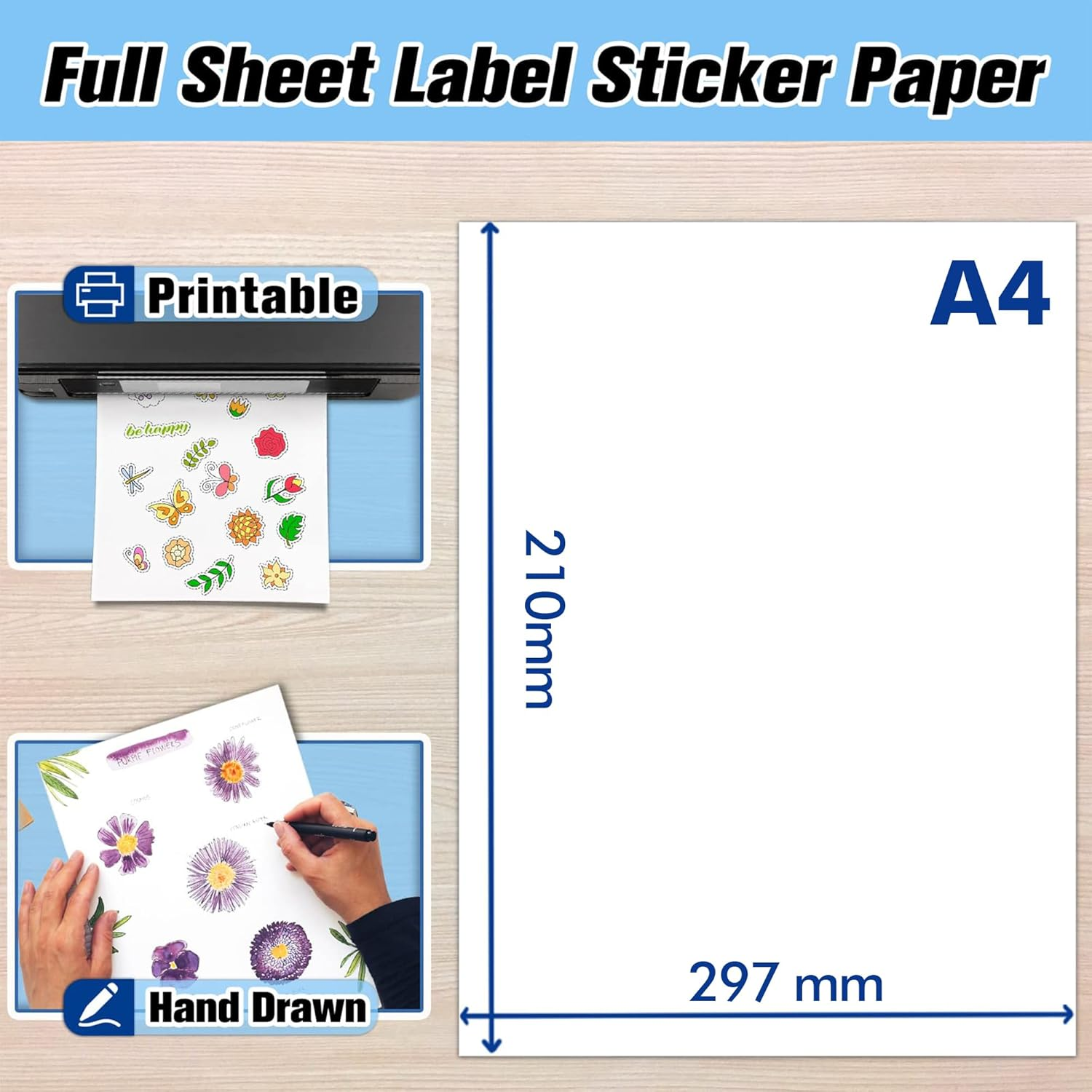 Koala 100 Sheets Sticker Paper Matte White, A4 Size Printable Full Sheet Label Paper for Inkjet Printers
