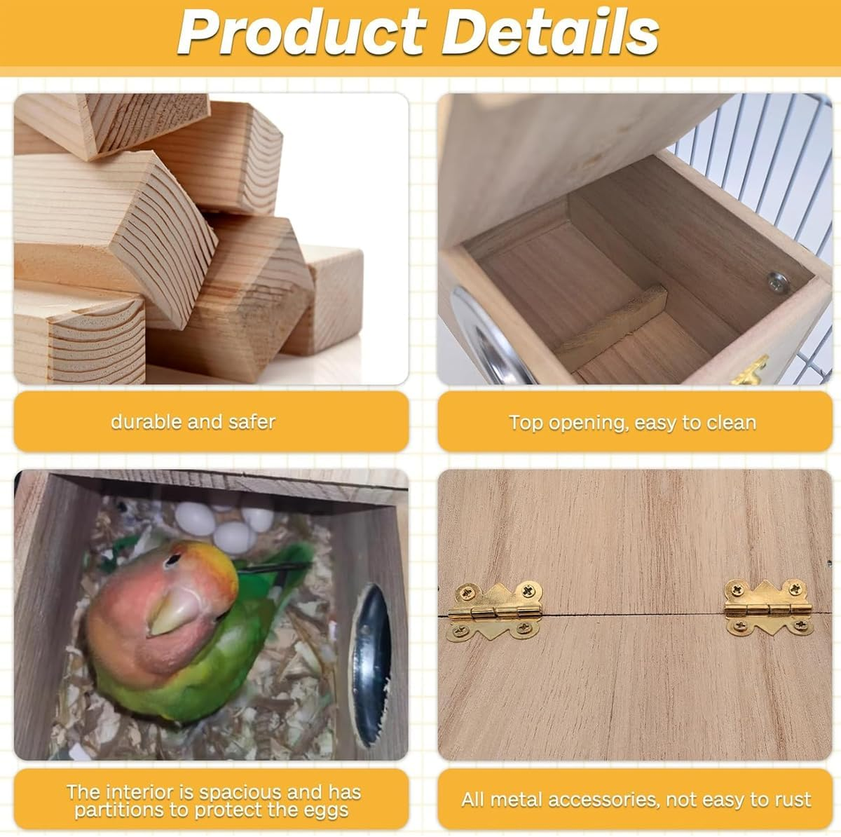 AIMALL Right Opening 19.5X12X12Cm Wooden Breeding Box for Pet Parrot, Solid Wood Hanging Nest, Natural Wood Incubation Box, Durable Parrot Accessories image number 3