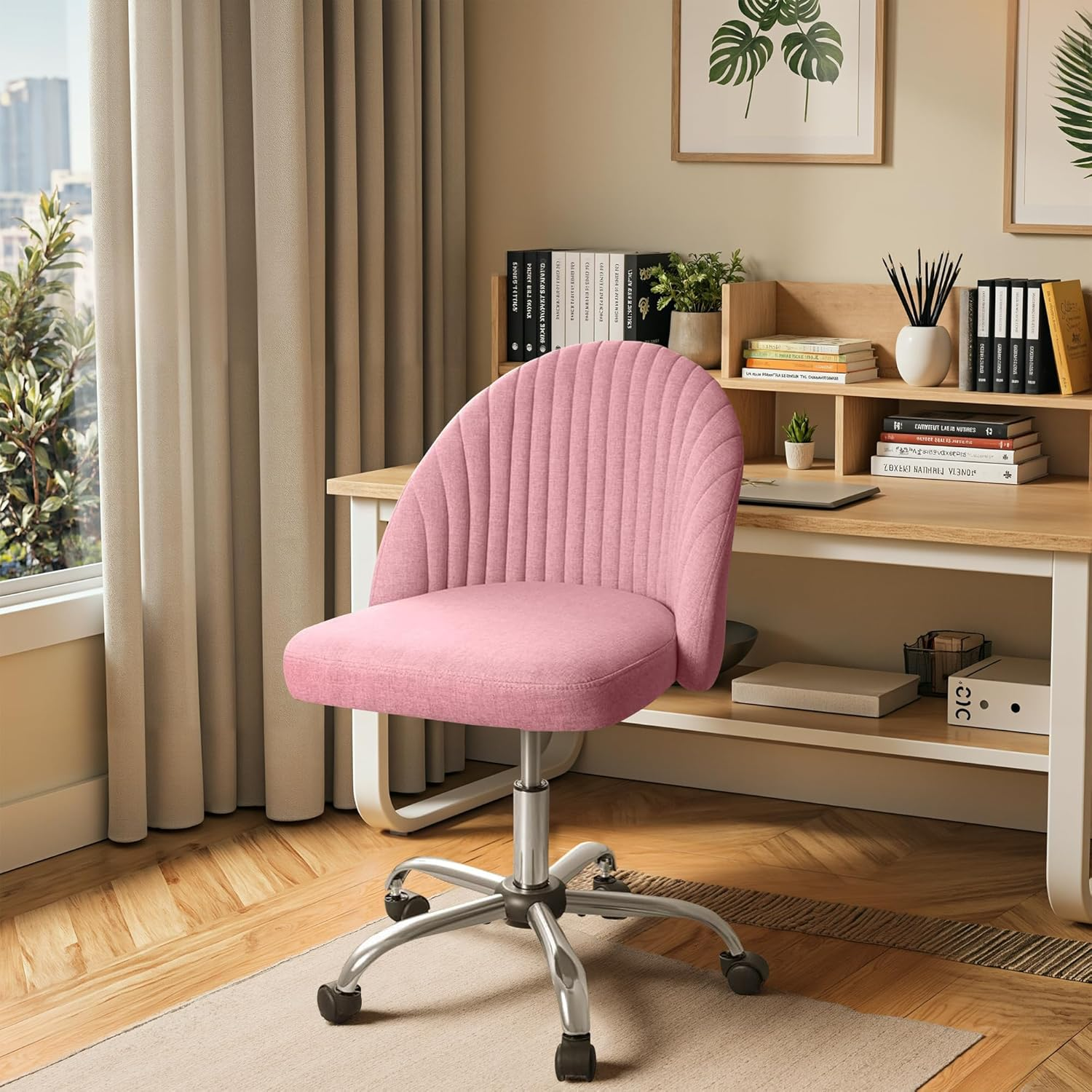 Office Chair Mid-Back Armless Swivel Task Chair with Adjustable Height, Modern Fabric Upholstered Desk Chair with Wheels, Vanity Chair for Home Office, Bedroom, Living Room (Pink) - Grey image number 7