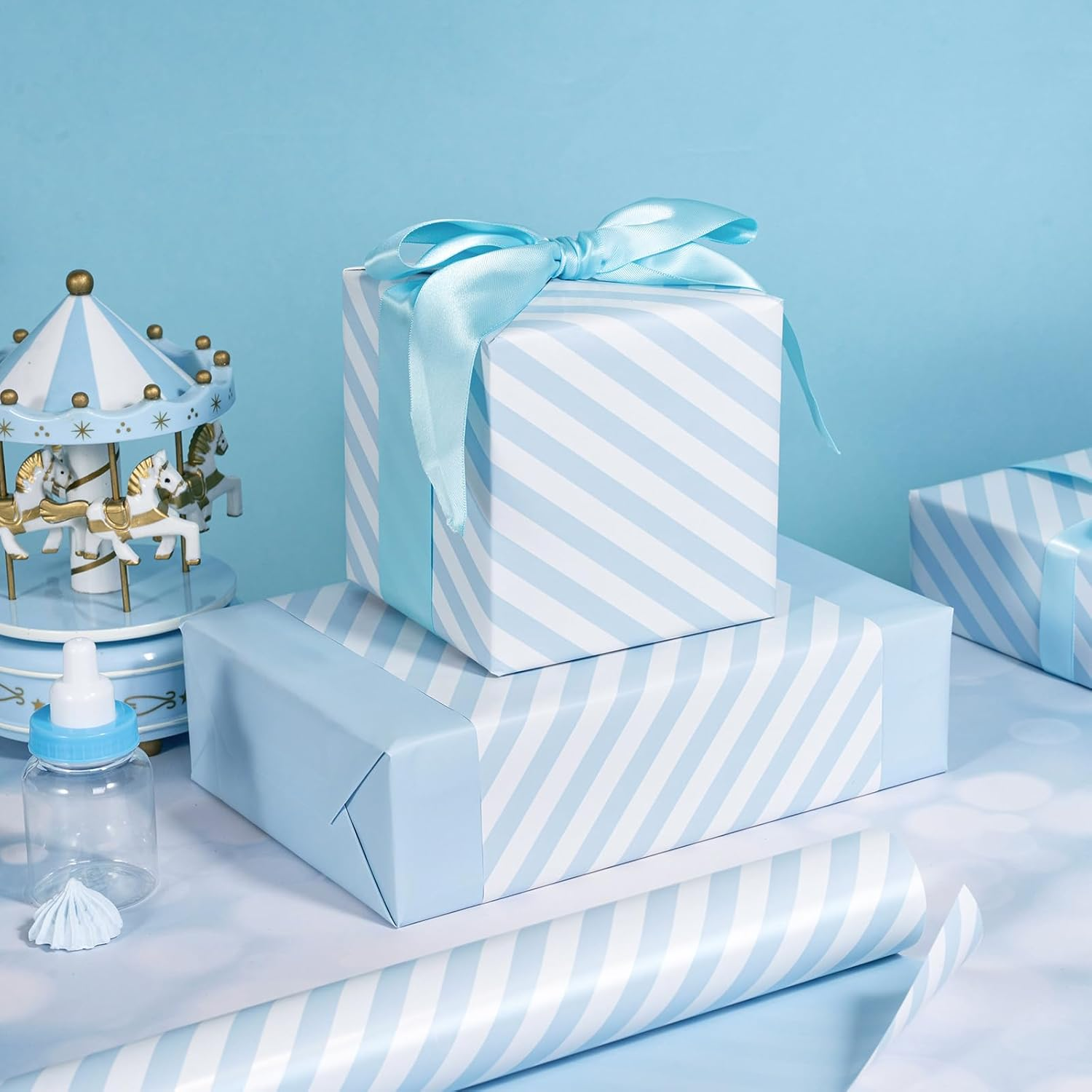 WRAPAHOLIC Reversible Wrapping Paper - Mini Roll - 17 Inch X 33 Feet - Baby Blue and Stripes Design for Birthday, Holiday, Wedding, Baby Shower - Green image number 6