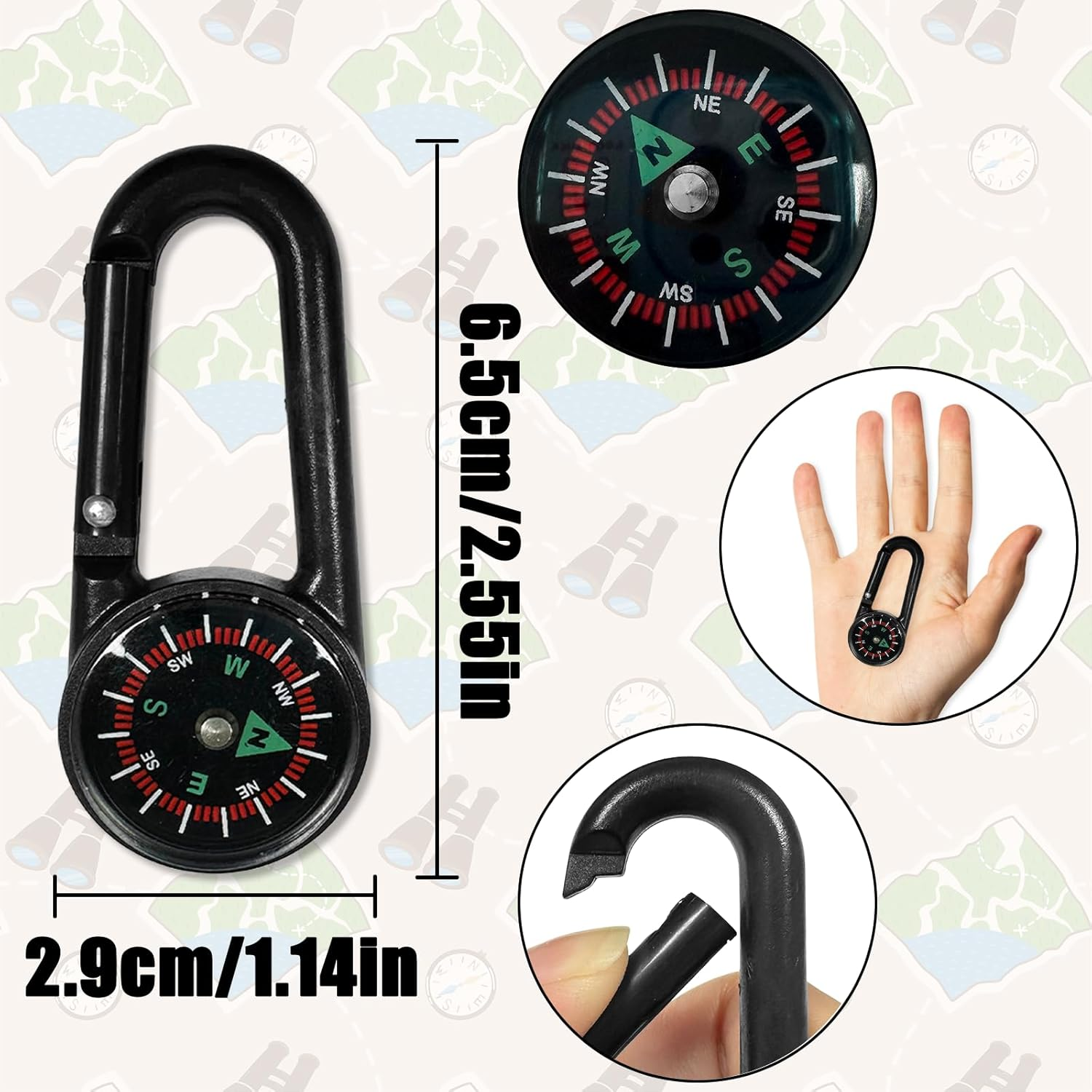 TEAONE Clip on Compass, 6 PCS Black Heavy Duty Compass for Traveling, Hiking, Backpacking (6.9 X 3Cm/2.71 X 1.18In) image number 2