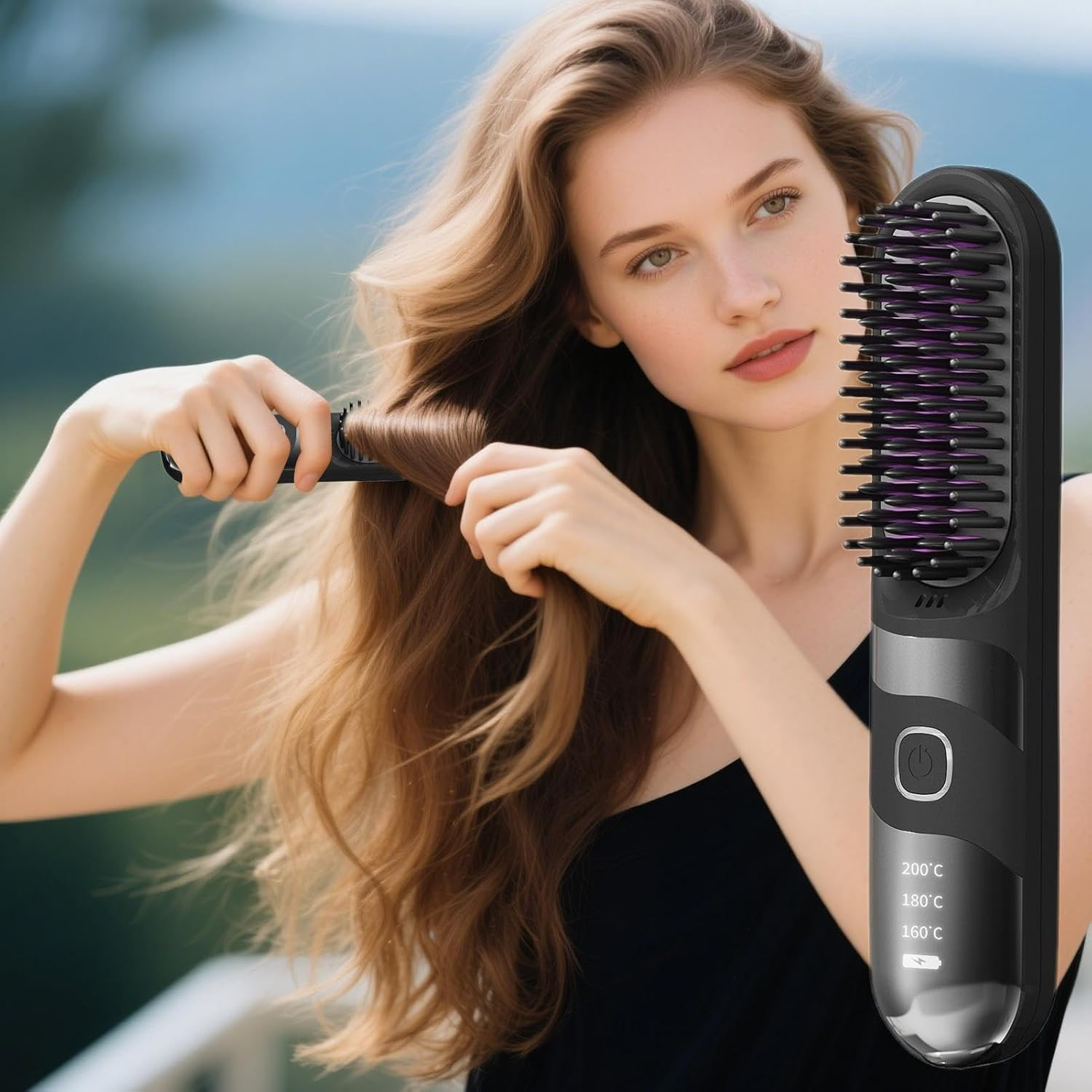 Nankoyal Rechargeable Hair Straightener | Wireless Curler Brush - 2-In-1 Temperature Adjustable Quick Styling Cordless Hair Straightener Brush for Home image number 2