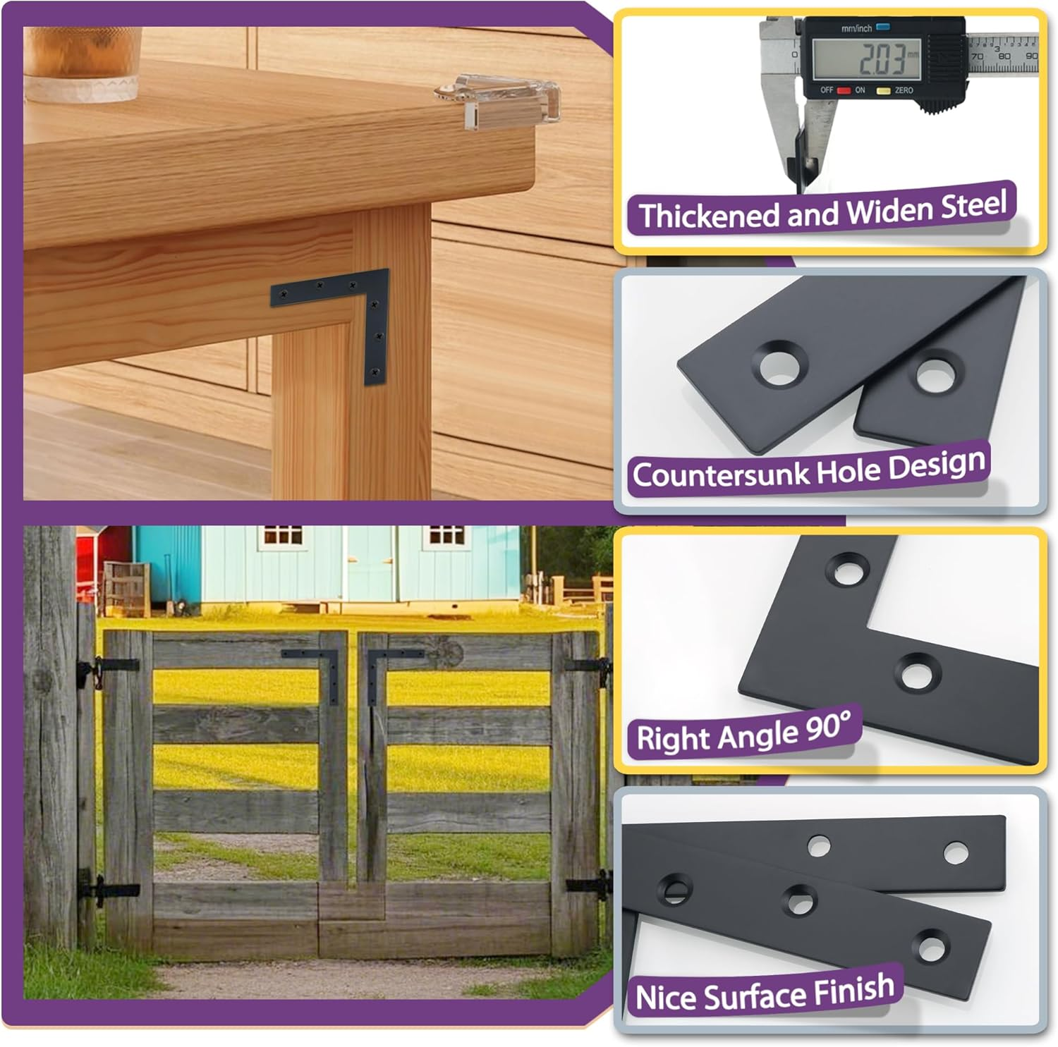 Alise L Flat Brackets,Corner Bracket Black Corner Brace Mending Plate Repair 120Mm X 120Mm Stainless Steel Flat Braces for Wood Tables, Chairs, Sofas, Beds, Cabinets, Doors and Windows,Pack of 8 image number 5