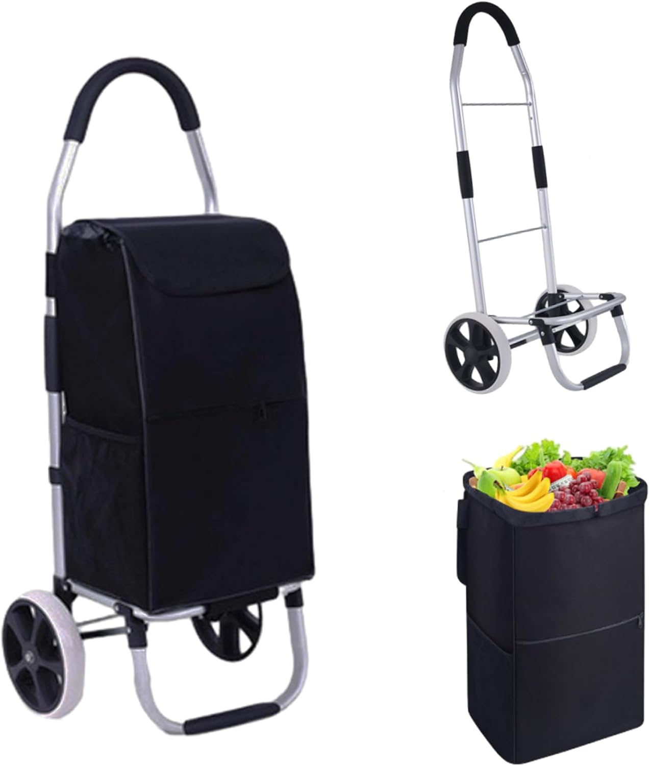 Black Shopping Trolley Cart, Foldable Rolling Dolly with Two Wheels and Removable Bag for Groceries, Shopping, Camping, Laundry, 33 * 28 * 103Cm image number 4