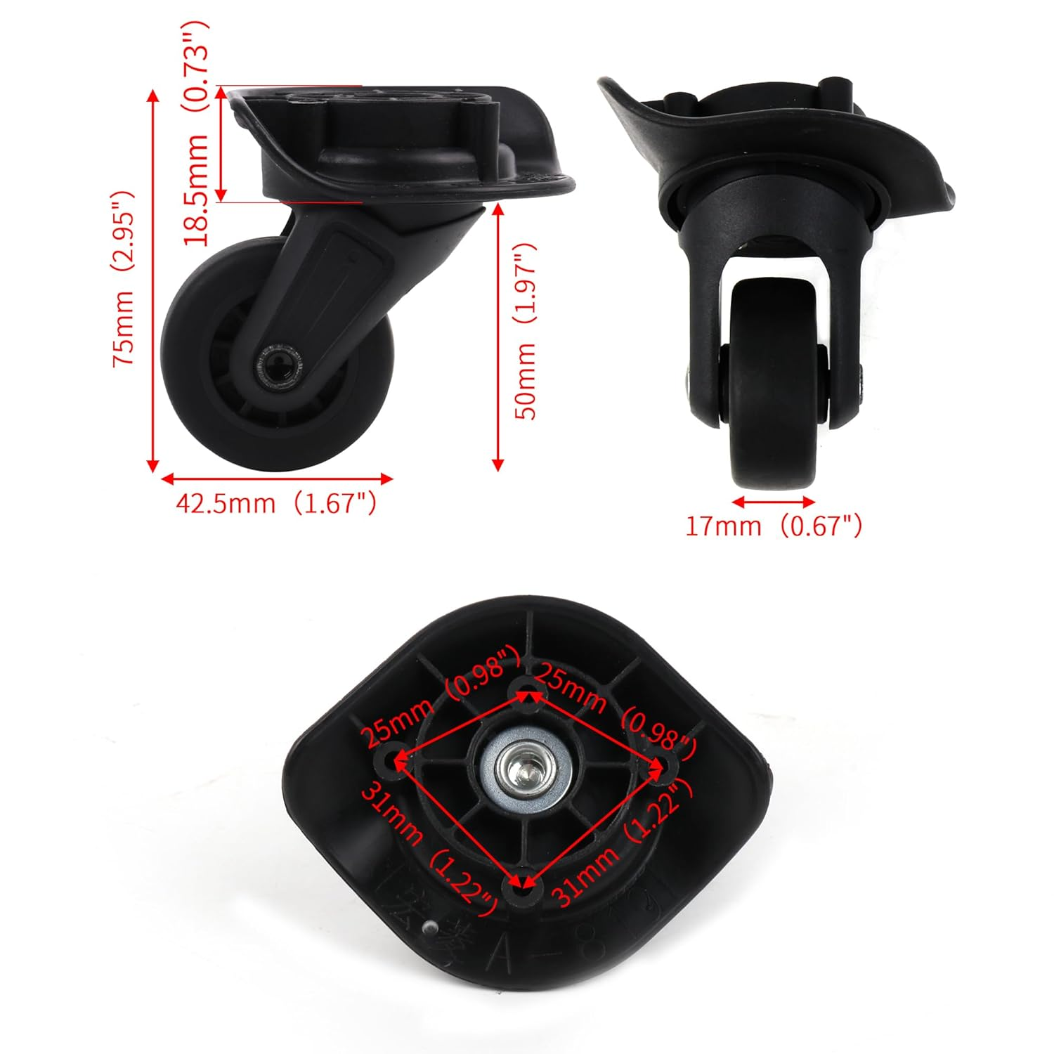 BQLZR Replacement Luggage Wheels Left and Right Suitcase Caster W142 Black Pack of 2 image number 2