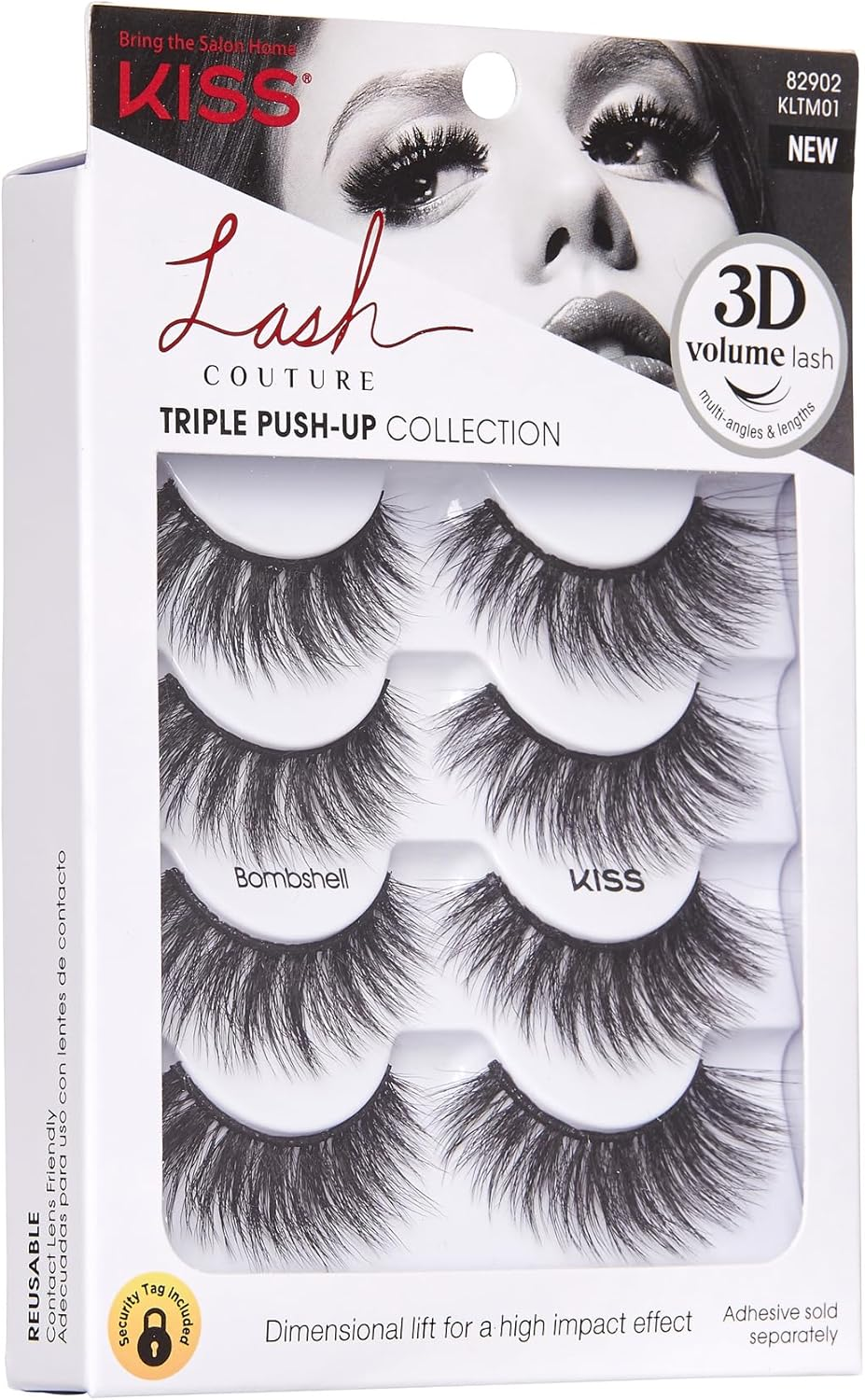 KISS Lash Couture Triple Push up Collection Multipack, 3D Volume False Eyelashes with Triple Design Technology, Multi-Angles & Lengths, Contact Lens Friendly, Reusable, Style Bombshell, 4 Pairs image number 1