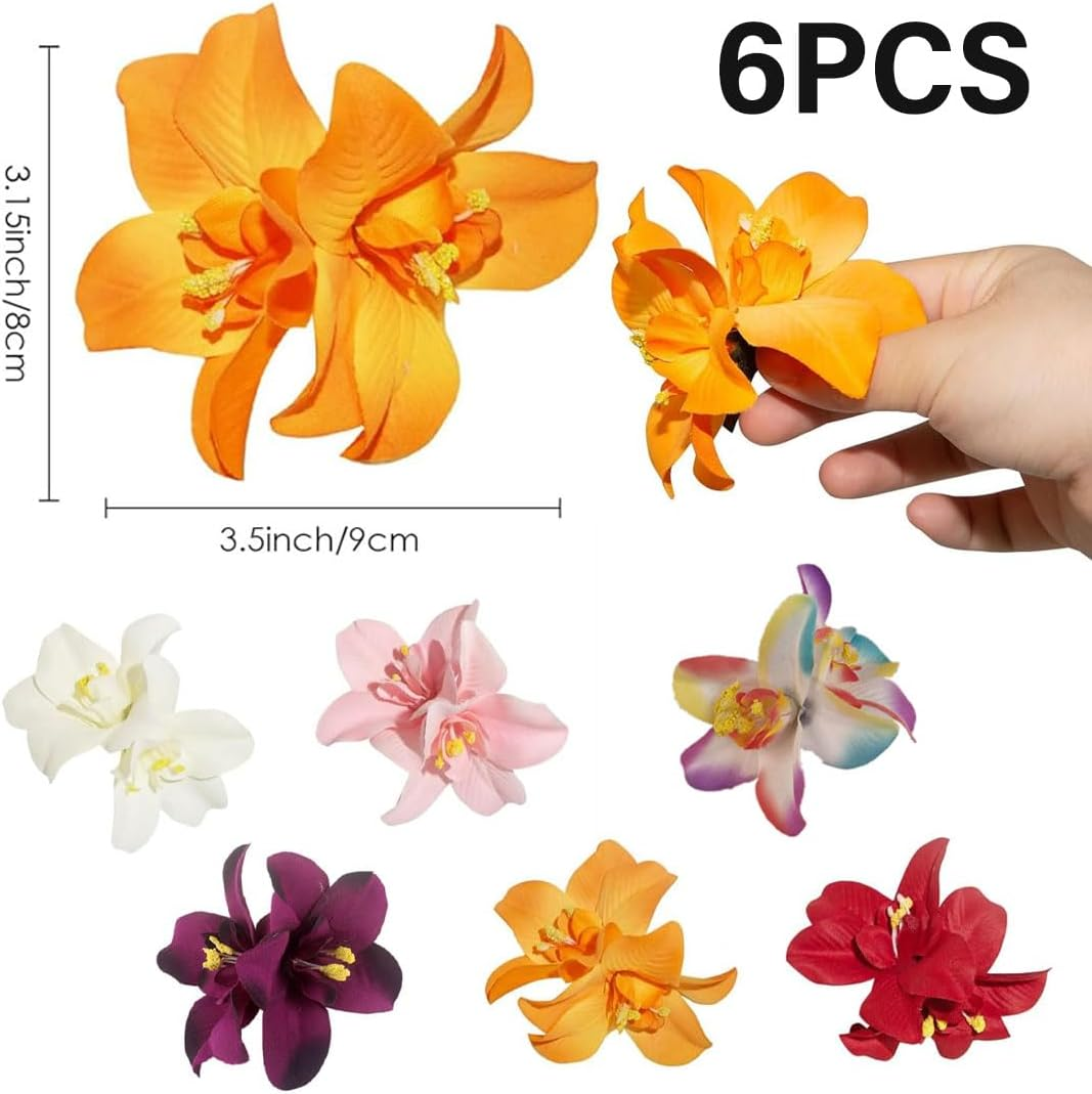 SIRLOMU Pack of 6 Hawaii Double Orchid Clips, Flower Clips for Women and Girls, Children'S Jewellery, Women Party Styling Needles for Wedding and Holiday, Artificial Flowers (Colourful) image number 5