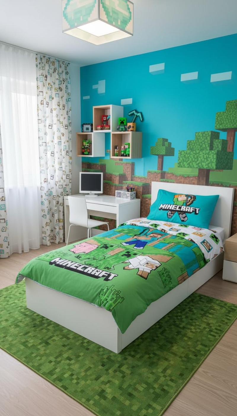 Minecraft Bedlinen Single Size | Duvet Cover 140X200 Cm + Pillowcase 60X65 Cm, 100% Cotton | Soft, Colorful & Reversible Bedding Set for Kids | Minecraft ''Jungle Explore'' Design - Blue image number 5