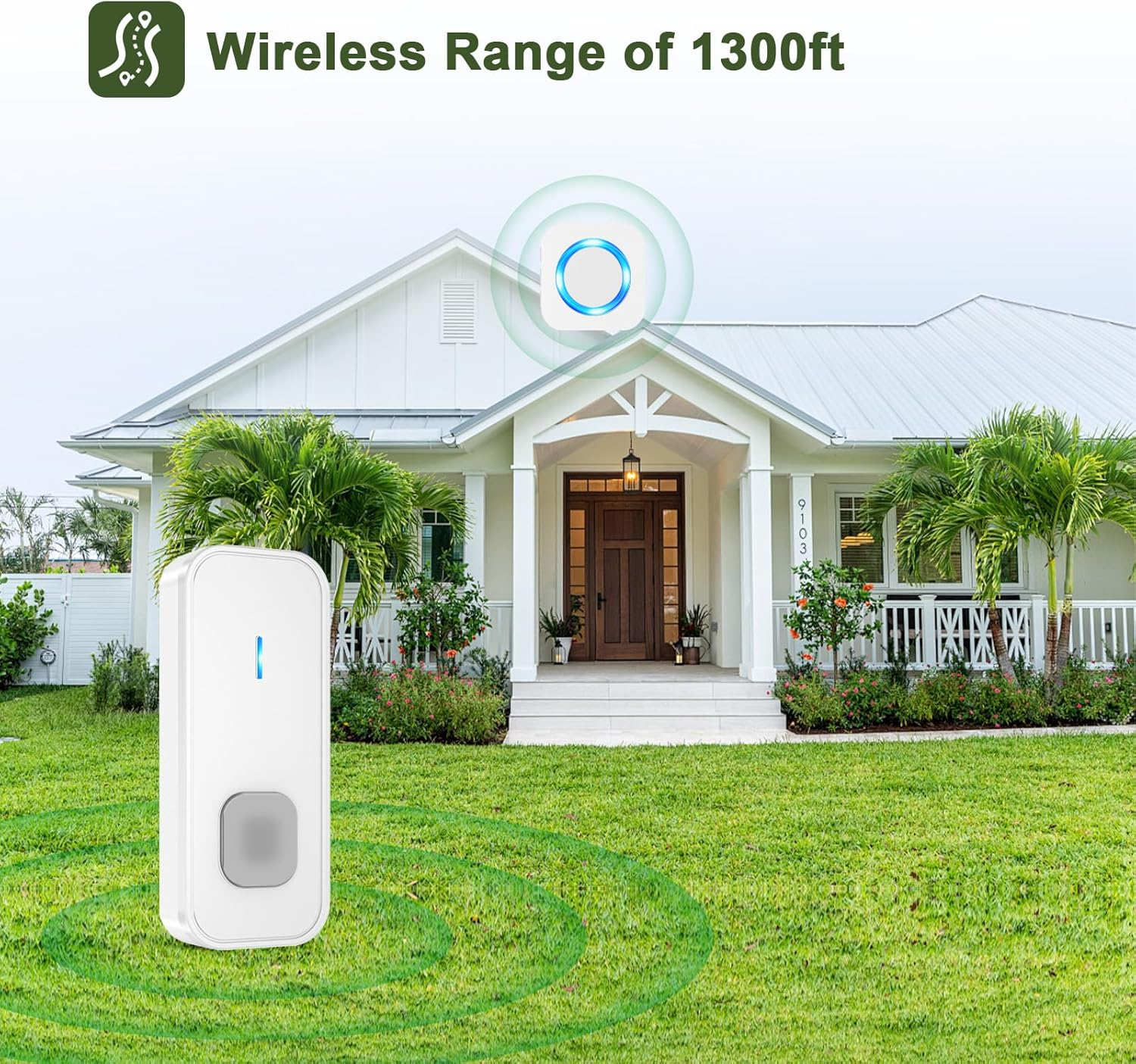 SURFOU Wireless Doorbell, Waterproof Door Bell Cordless Battery Operated at 1300Ft Long Range, Plug in Electric Doorbell Wireless Chime Kit with 55 Melodies 5 Volume and LED Flash, White