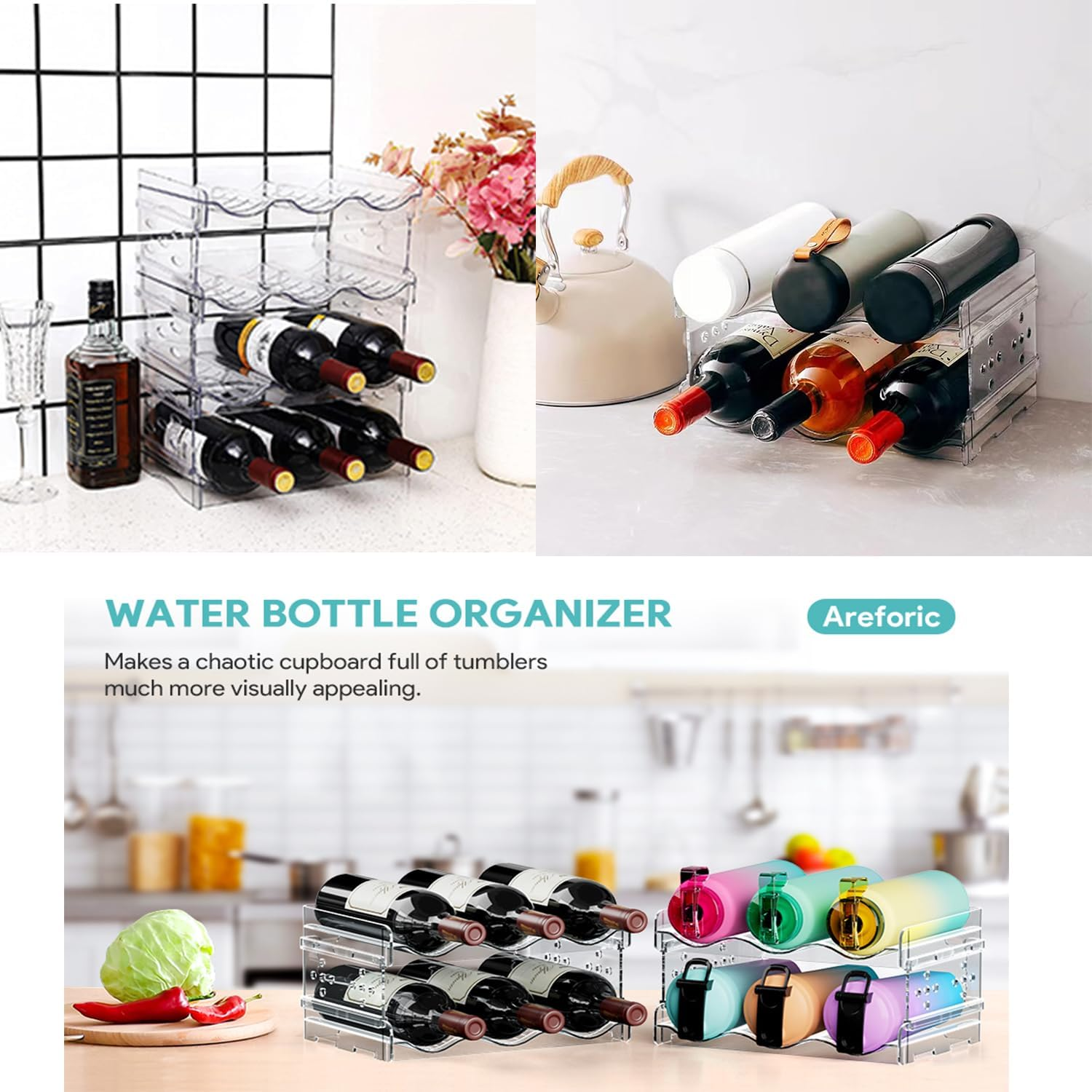 Paifencodill Cabinet Water Bottle Storage Device, Kitchen Stackable Water Bottle Storage Refrigerator Bottle Rack Sports Flask Roller Travel Cup Storage Device Water Bottle Organizer (2 Layer)