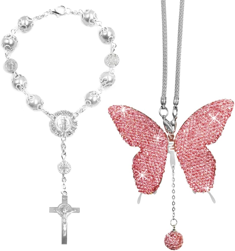 2 Pcs Rear View Mirror Accessories for Women, SENHAI Bling Butterfly Diamond Car Mirror Hanging Accessories and Rosary Beads Catholic Cross Car Decor, Home Decor Valentine'S Day Gifts image number 1