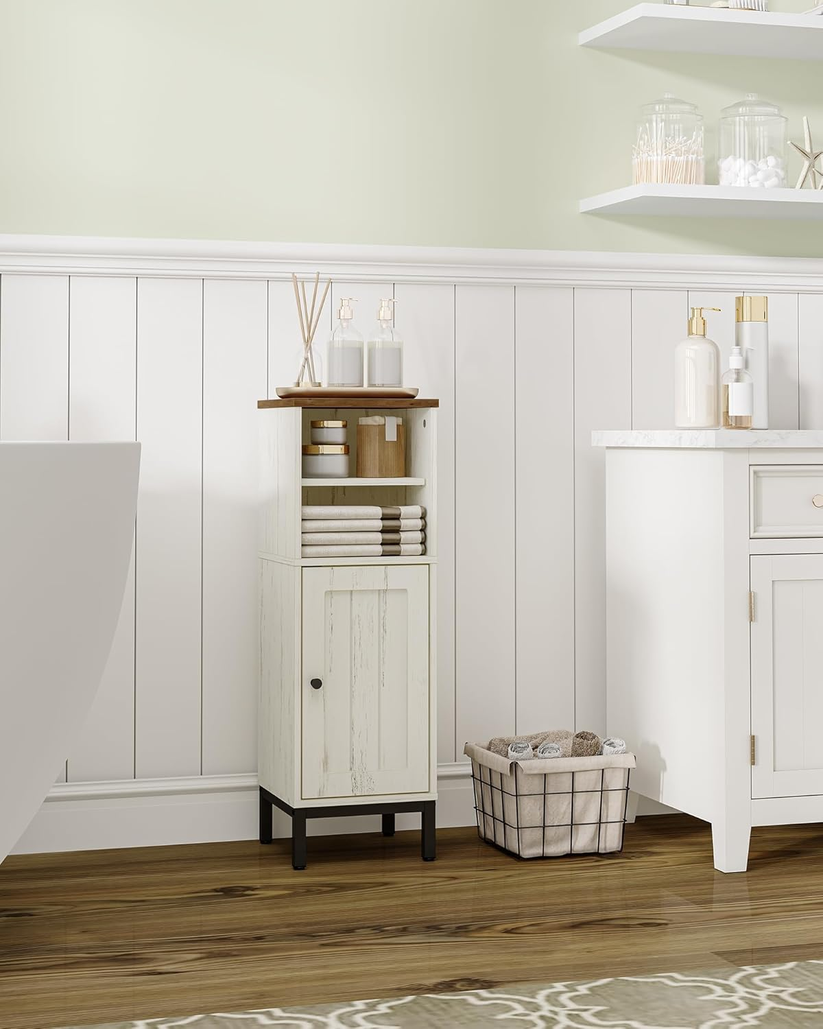 Hzuaneri Bathroom Storage Cabinet, Corner Floor Cabinet with Shelves, Customized Door Opening Direction, Bathroom Organizer with Adjustable Shelf for Kitchen, Living, Toilet Paper Cabinet, White Brown - White image number 5