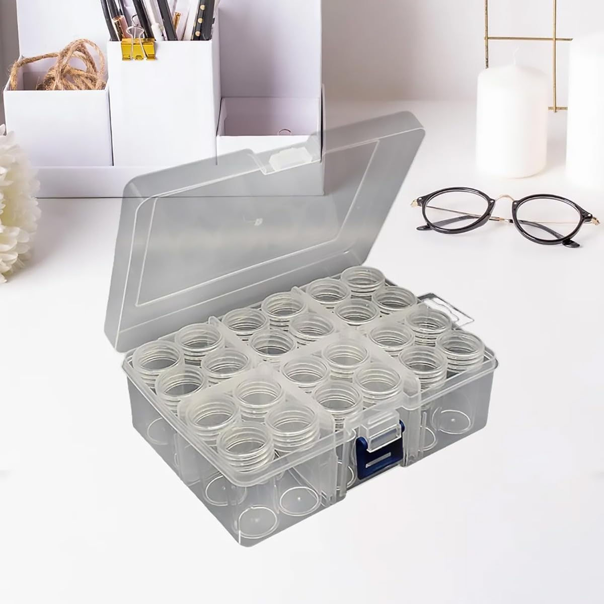 AIMALL Clear Plastic Storage Box with 24 or 60 round Bottles for Beads Jewellery Parts Nail Art Seeds Electronic Components Organiser Case image number 3