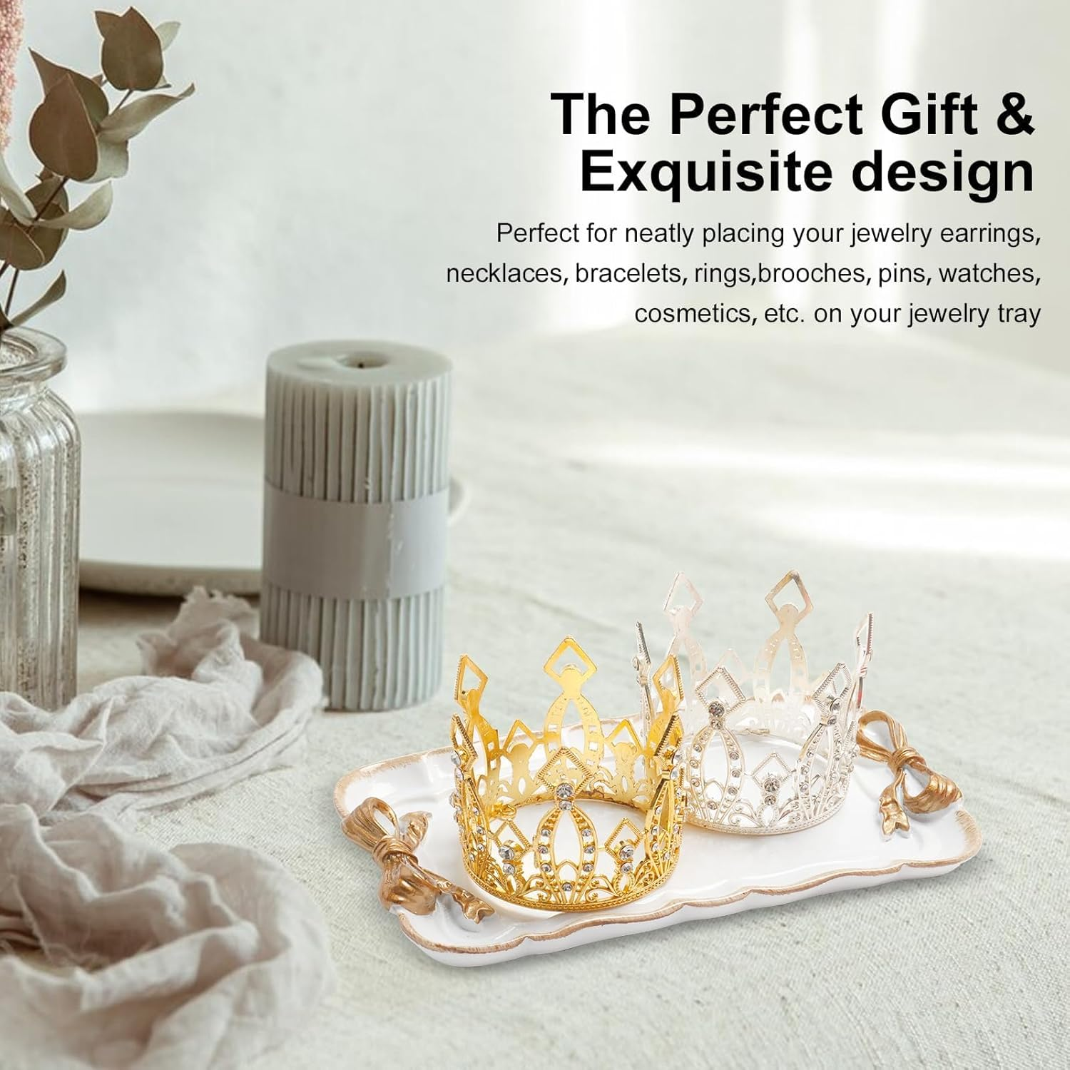 Vintage Jewelry Organizer, Decorative Tray for Jewelry, Towel, Storage, Rings, Bracelets, Earrings, Cosmetics, Retro Design, Bow Decor Resin Plate Coquette for Room Decor, White image number 3