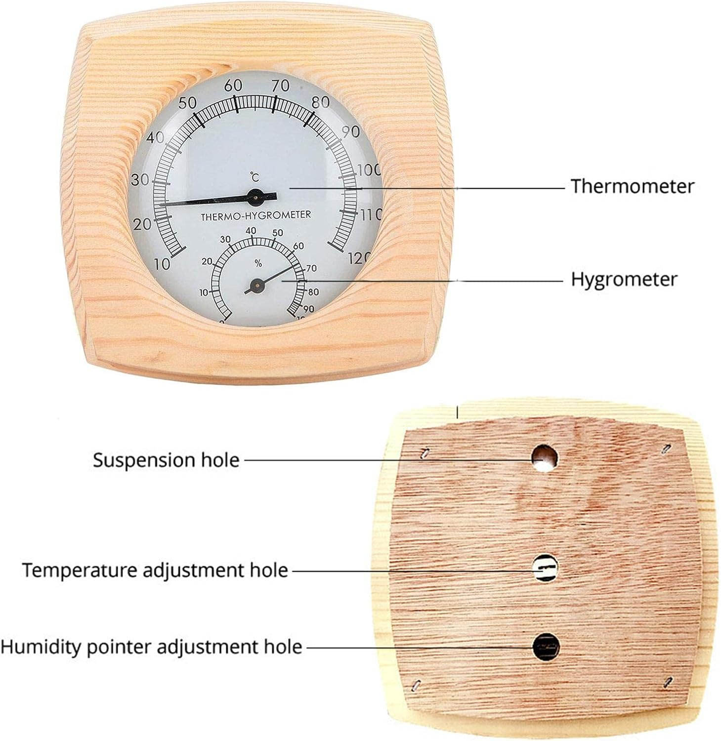Wooden Sauna Thermometer,2 in 1 Square Hygrometer Thermometer | No Battery Weather Hygrometer for Sauna Room Wall image number 5