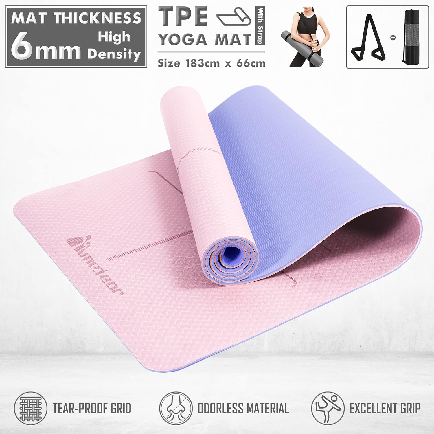METEOR Essential 6Mm Dual-Tone Yoga Mat with Alignment Lines, TPE Yoga Mat Non-Slip Textured, High-Density Padding for Knee Comfort, Perfect for Yoga, Pilates and Fitness Exercise image number 5