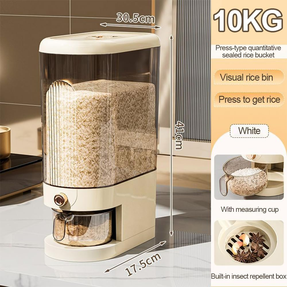 Rice Dispenser, Grain Container Storage, Measuring Cylinder with Lid, Sealed Rice Jar, Household Rice and Flour Drawer, Rice Storage Box, Grain Dispenser Barrel for Kitchen (White, 10 KG) image number 4