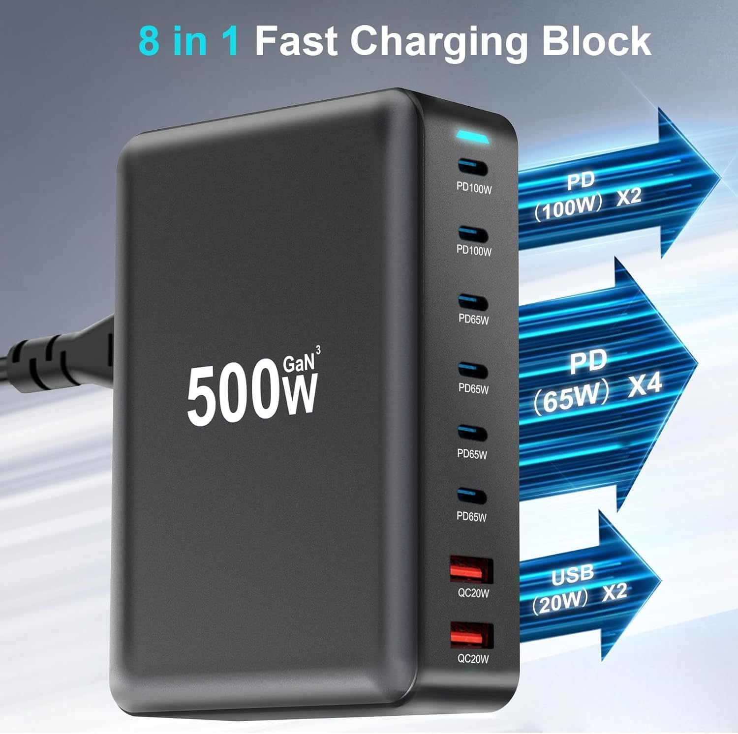 500W USB C Fast Charger, 8 Port GAN USB Charging Station Hub, Multi Port USB C Charger Compatible with Iphone 16/16 Pro/15/15 Pro, Macbook Air, Ipad Pro, Dell XPS, Samsung Galaxy S23 S22 image number 6