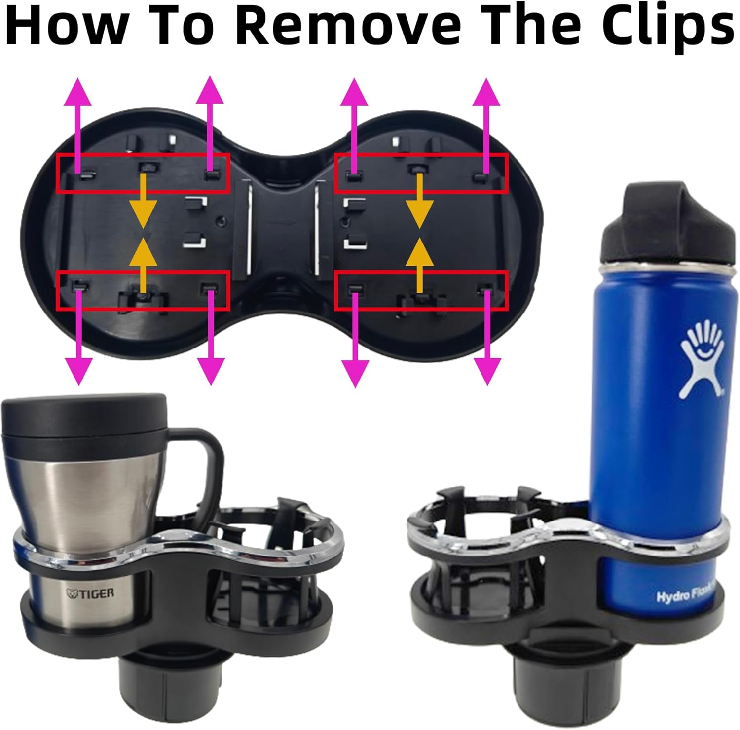 Car Cup Holder Extender with Adjustable Mounting Base - Cup Slot 1-2 Splitter Expander Organizer Fits Vehicle Boat Truck RV Holds Standard Drinks Water Bottles image number 6