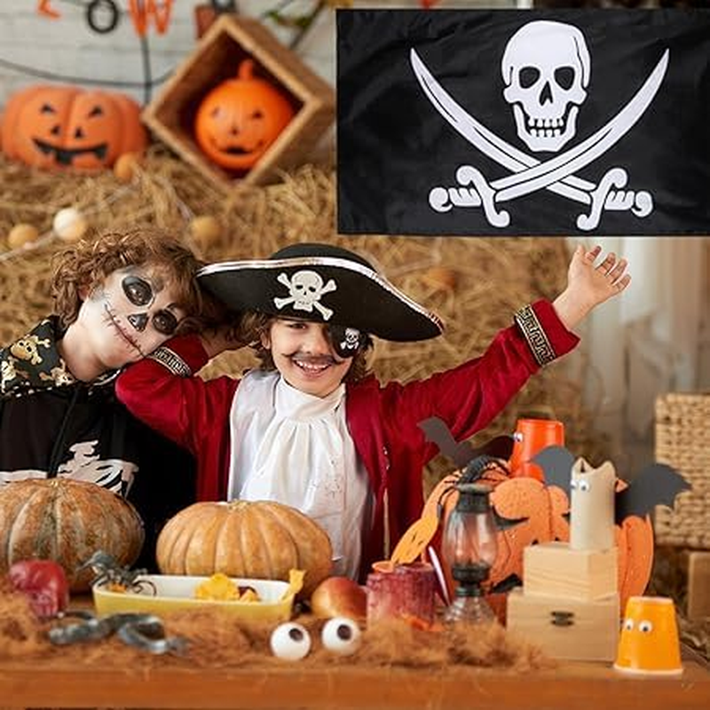 Jolly Roger Flag Pirate Skull Flag for Pirate Party Halloween Decoration Pirate Day, 3 by 5 Feet (Skull and Red Scarf, 2 Pieces) image number 2