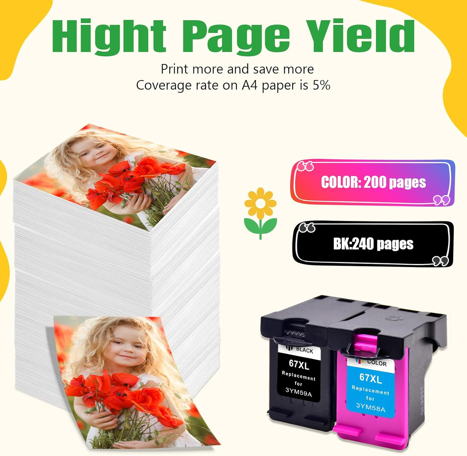 67XL Ink Cartridges for HP 67 XL Compatible for HP Deskjet 2700 2720 2721 2722 2723 2330 2331 2332 Envy 2700 2720 2721 2722 6420 6020 Printer （Black & Color）