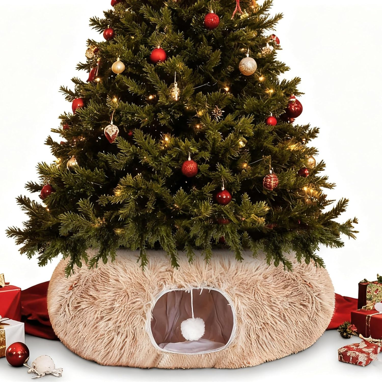 Siltriangle Cat Tunnel Christmas Tree Skirt Large Soft Plush Tunnel Bed under Christmas Tree for Indoor Cats 36" Circle Donut Tube Bed with Central Mat for Cat Puppy Rabbit Kitten Xmas Gifts(Beige)