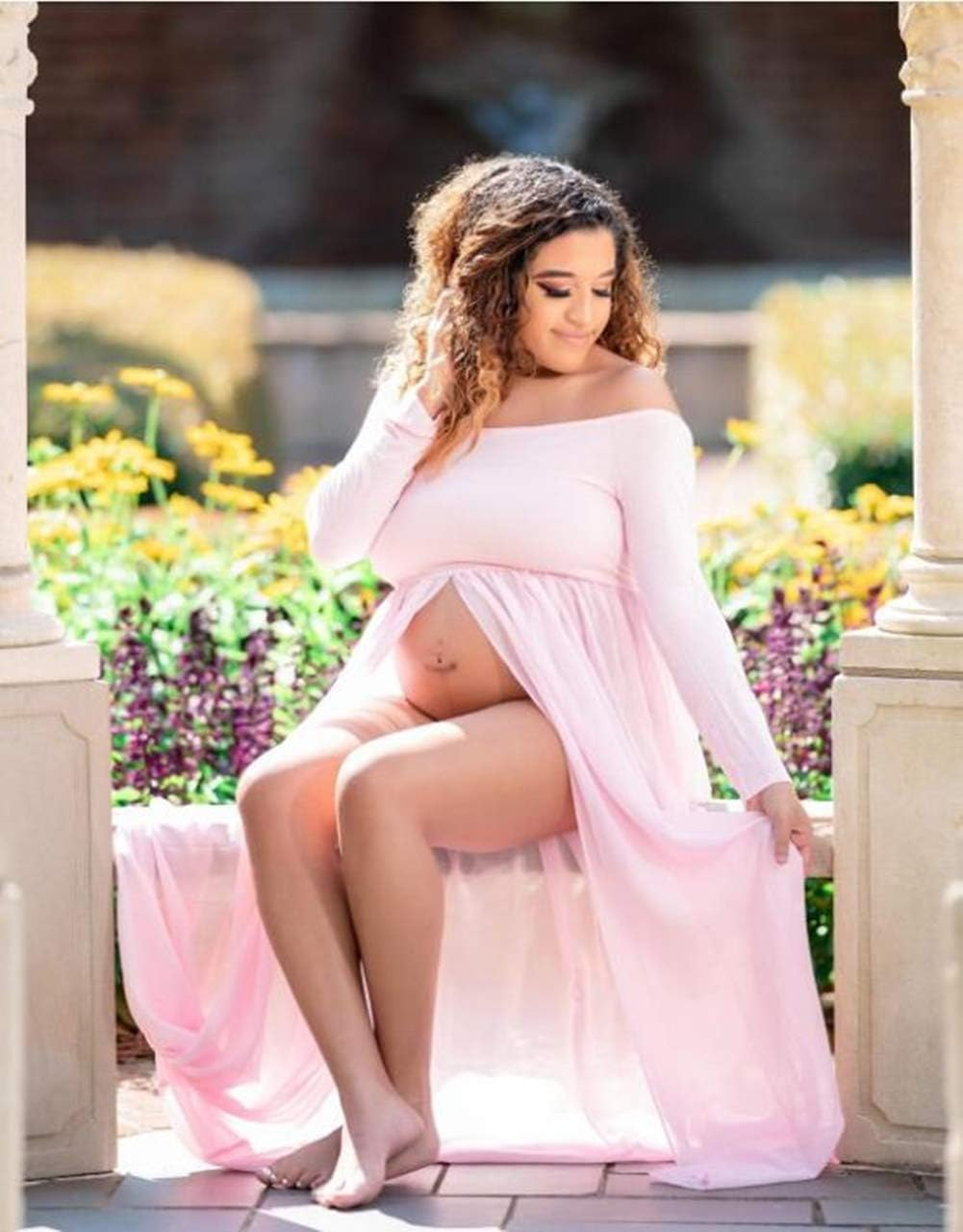 ZIUMUDY Maternity Maxi Chiffon Photography Dress Split Front Gown for Photoshoot image number 3