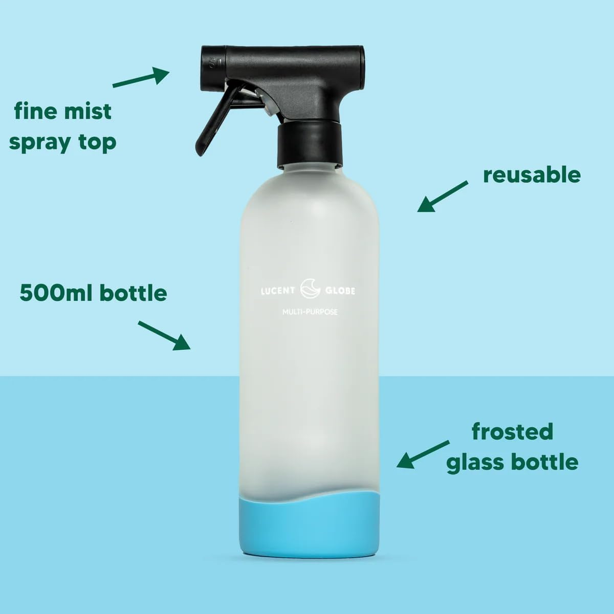 Lucent Globe Multipurpose Spray Bottle &ndash; 500Ml Frosted Glass with Non-Slip Silicone Base (Blue) &ndash; Refillable & Reusable for Cleaning Sheet Refills.