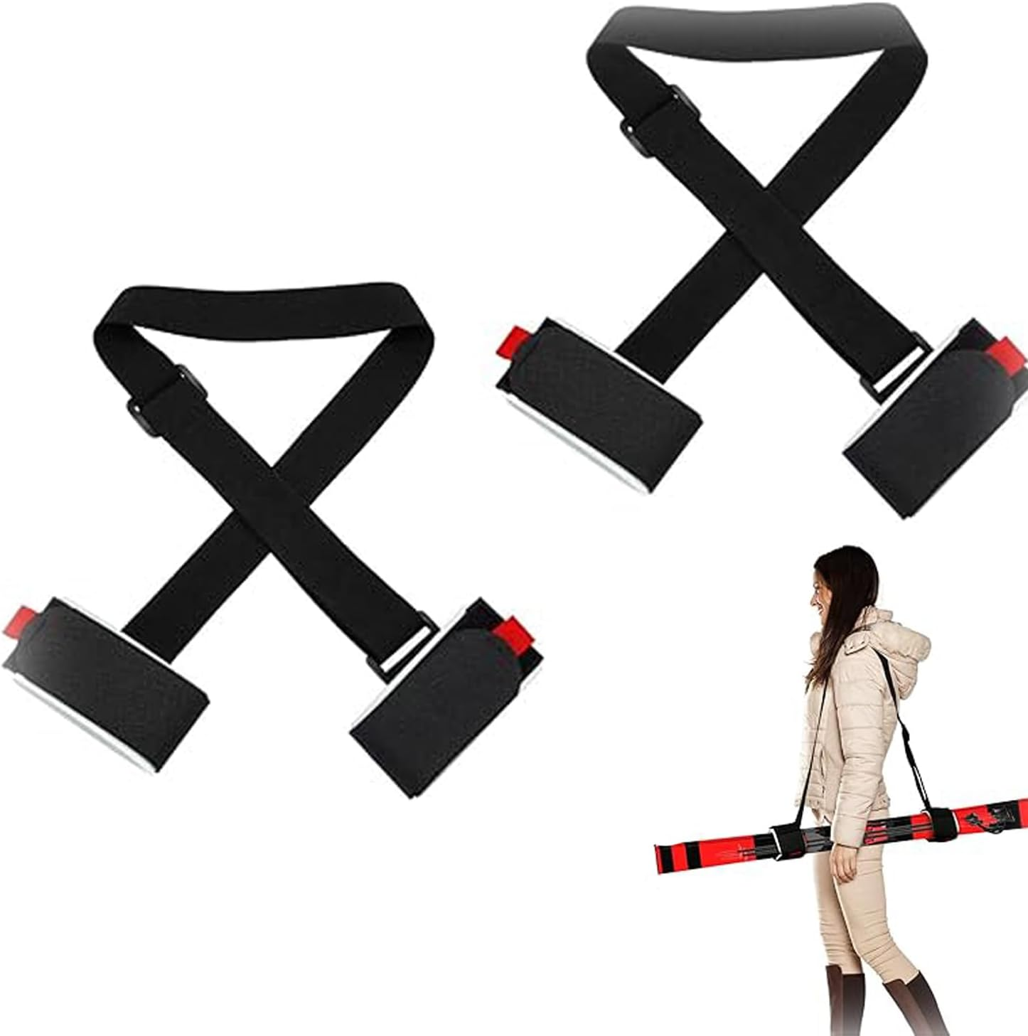 WEZCHUGHAOL 2 Pack Ski & Pole Carrier Straps - Adjustable Shoulder Strap with Cushioned Fastener Tape for Easy Transport | Durable Ski Equipment Accessories for Men Women image number 2