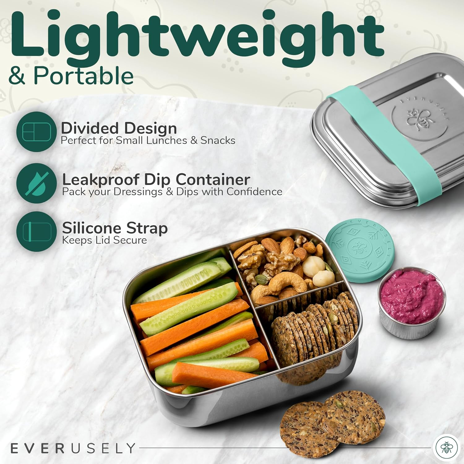 Everusely Small Stainless Steel Bento Box for Kids, 3 Compartment Metal Lunch Box with Bonus Leakproof Dip Container, Stainless Steel Lunch Containers, Eco Tiffin Lunch Box - Light Purple image number 5