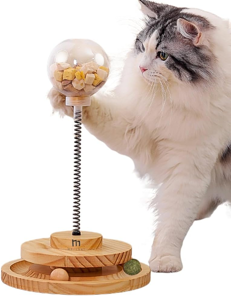 Marchul Interactive Cat Toy with Treat Dispenser &ndash; Automatic Slow Feeder Ball, Roller Track & Catnip Balls for Indoor Cats & Kittens &ndash; Wooden Food Puzzle Toy for Mental Stimulation image number 1