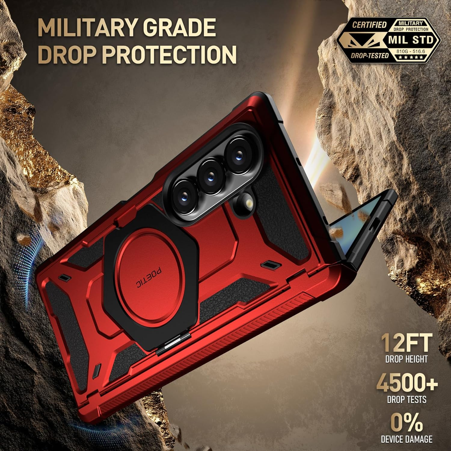 Poetic Spartan for Samsung Galaxy Z Fold 7 Case, [Hinge Protection][Magnetic Ring Adjustable Stand][Built-In Screen Protector][Compatible with Magsafe] Full-Body Rugged Phone Case, Metallic Red - Metallic Orange image number 6