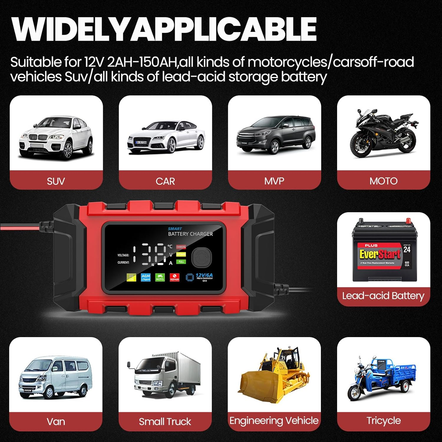 6 Amp Car Battery Charger, Smart Battery Trickle Charger Automotive 12V Battery Maintainer Desulfator for Car Truck Motorcycle Lawn Mower Marine Lifepo4 Lead Acid Batteries image number 6