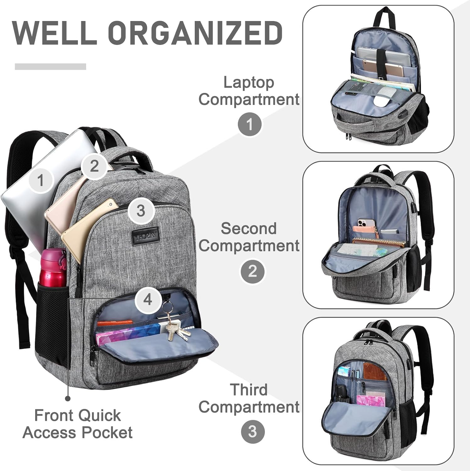 Laptop Backpack, VASCHY Water Resistant Business Travel Backpack for Men Women with USB Port College School Computer Bag Fits 15.6 Inch Laptop Light Gray