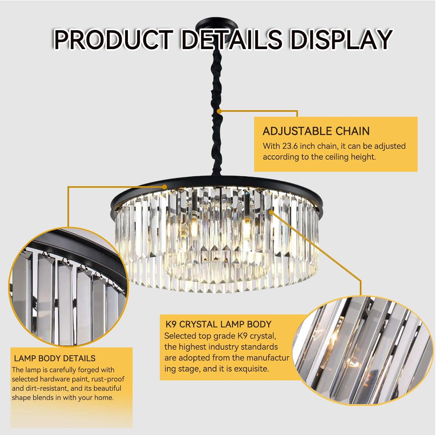 Modern Black Crystal Chandelier Ceiling Light, Semi Flush Mount 5 Lights 2 Tier Crystal round Chandelier Light for Bedroom, Living Room, Dining Room,23.6In,Black image number 6