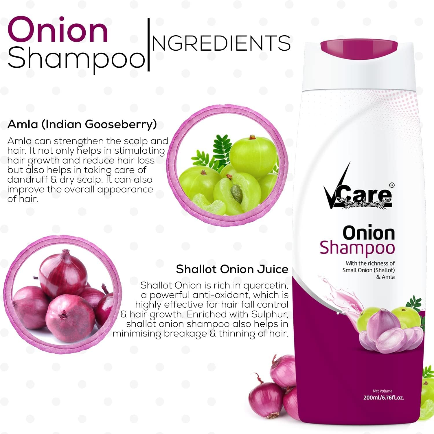 Vcare Onion Shampoo for Hair Growth and Hair Fall Control - with Small Onion and Amla -200 Ml Suitable for Both Men & Women image number 5