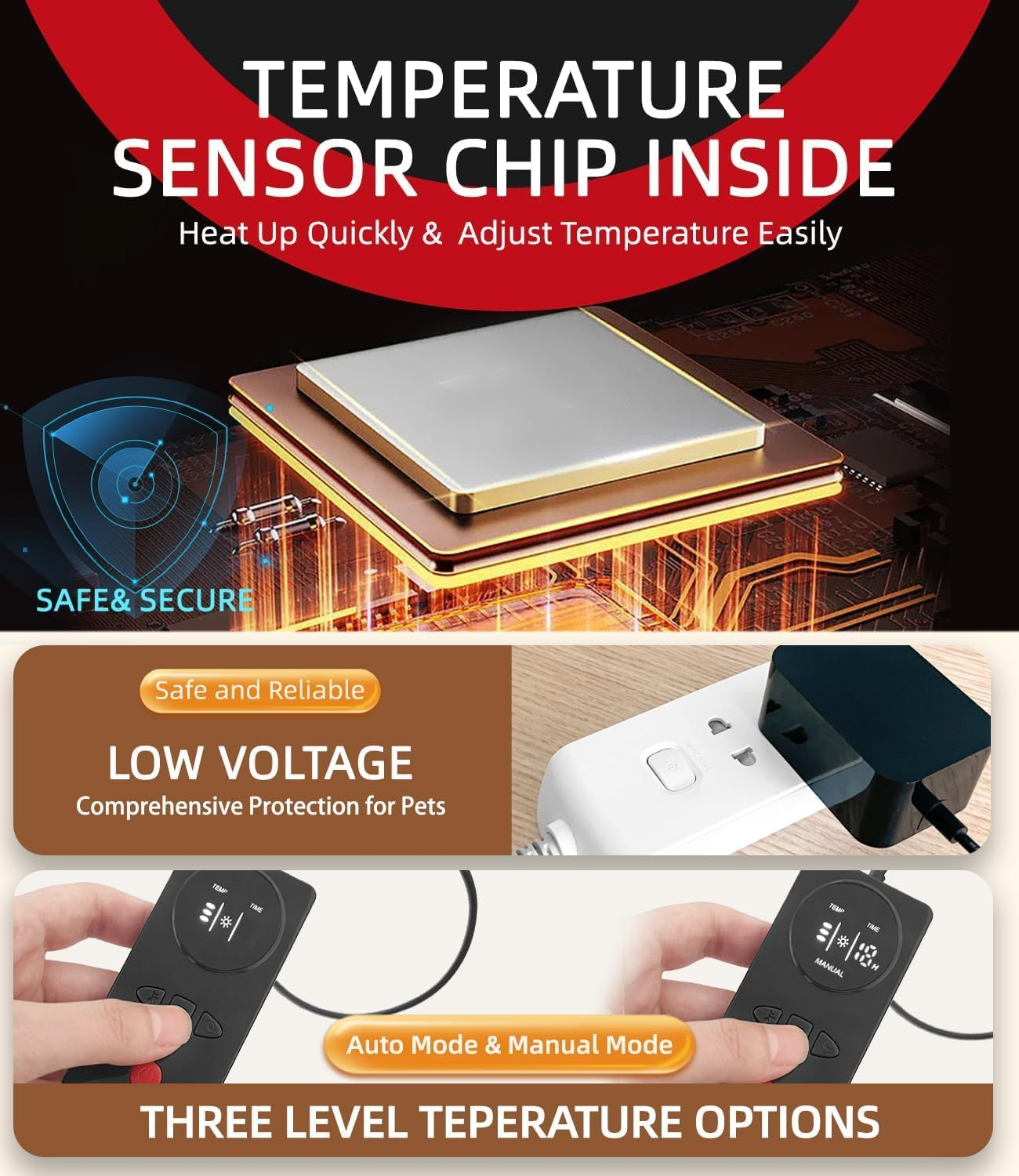 Uncn Dog Cat Heating Pad Pressure Activated 18 X 22In Pet Heat Pack Automatic Electric Heated Bed Mat for Indoor, Warming Pad with Chew Resistant Cord, Adjustable Temperature, Waterproof Washable