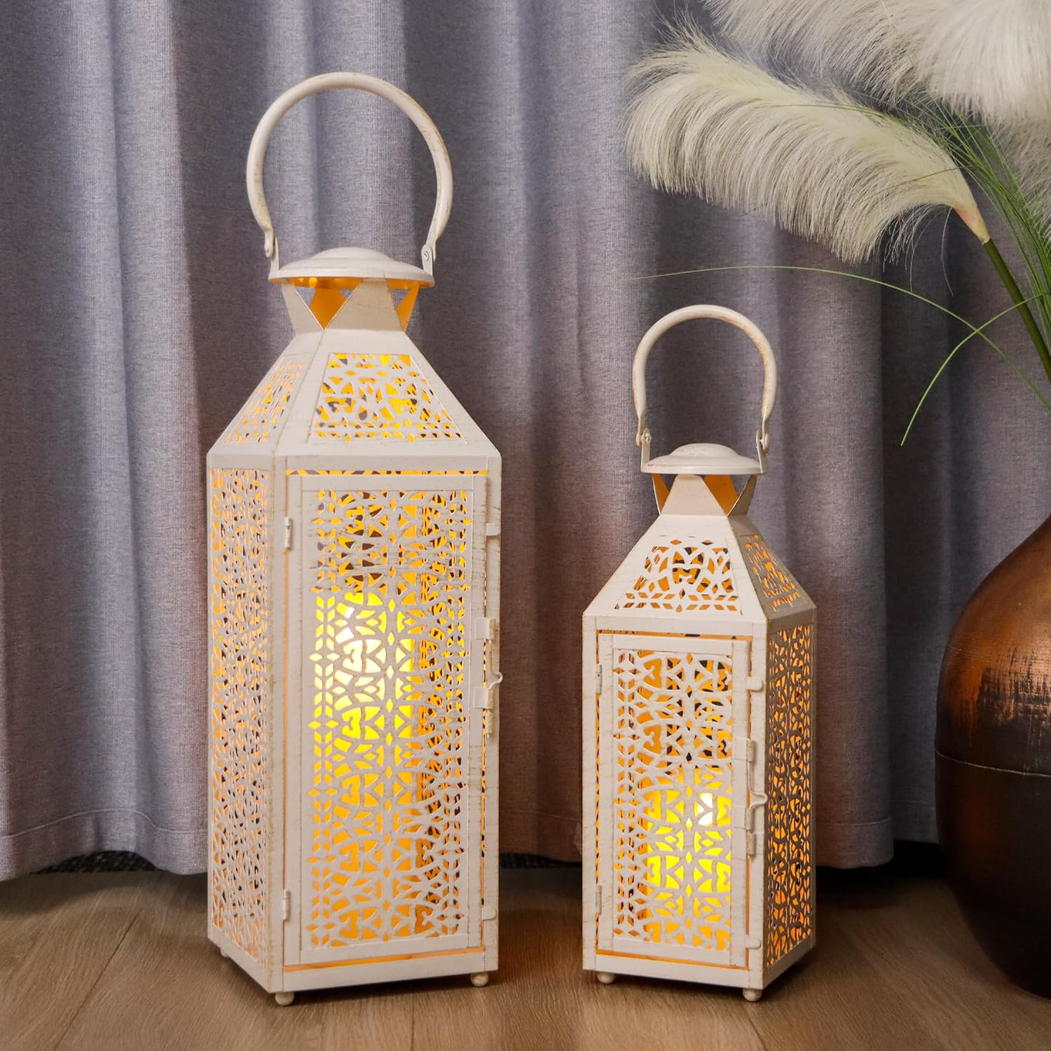 JHY DESIGN Set of 2 Vintage Candle Lanterns 19"&14''H Moroccan Decorative Metal Candle Holders with Hollow Pattern for Garden Porch Shelf Indoor Outdoor Parties Weddings Patio(White Brushed Gold) image number 5