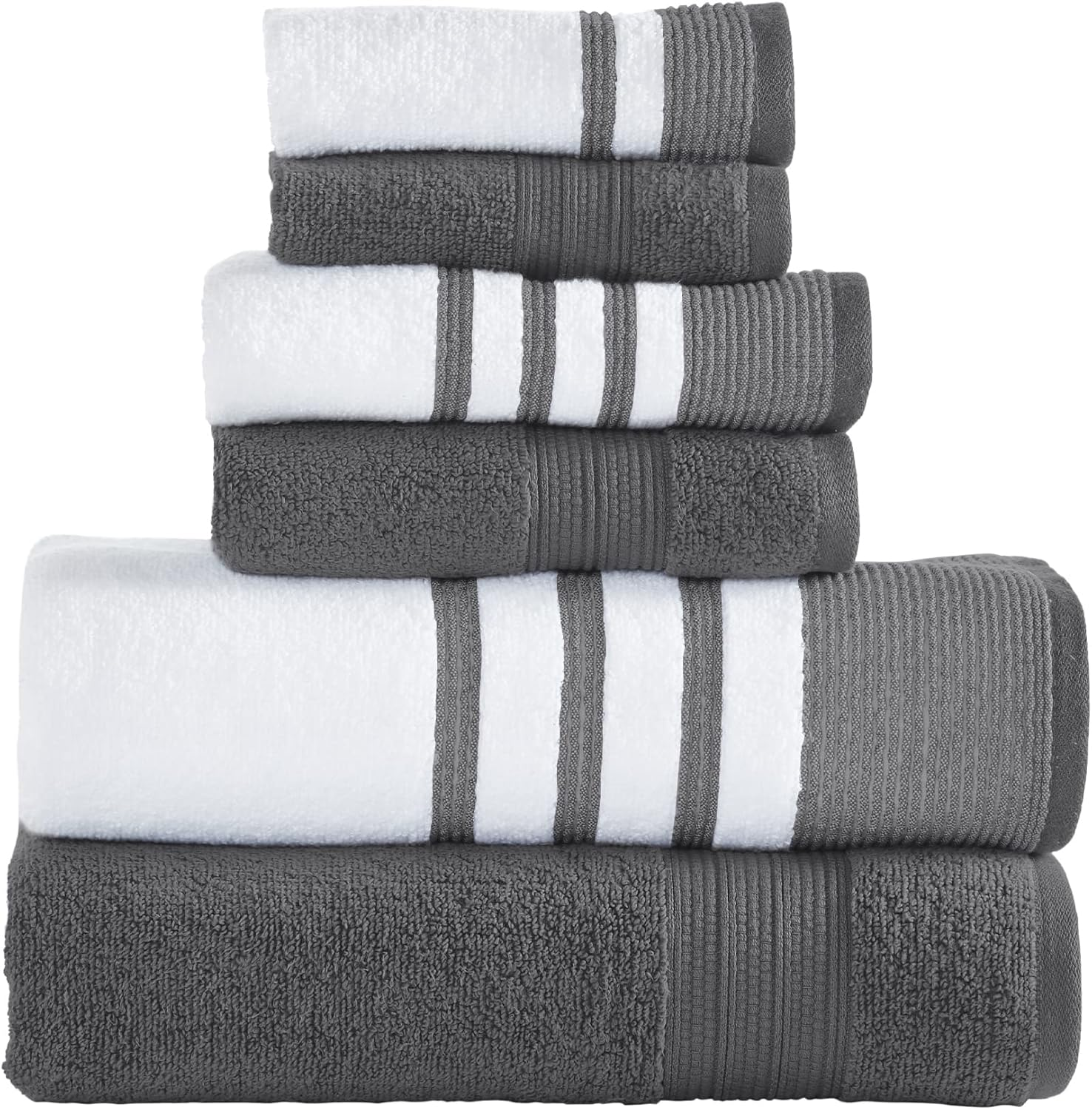 Modern Threads 6 Piece Set, 2 Bath Towels, 2 Hand Towels, 2 Washcloths, Quick Dry White/Contrast Reinhart Rosewood
