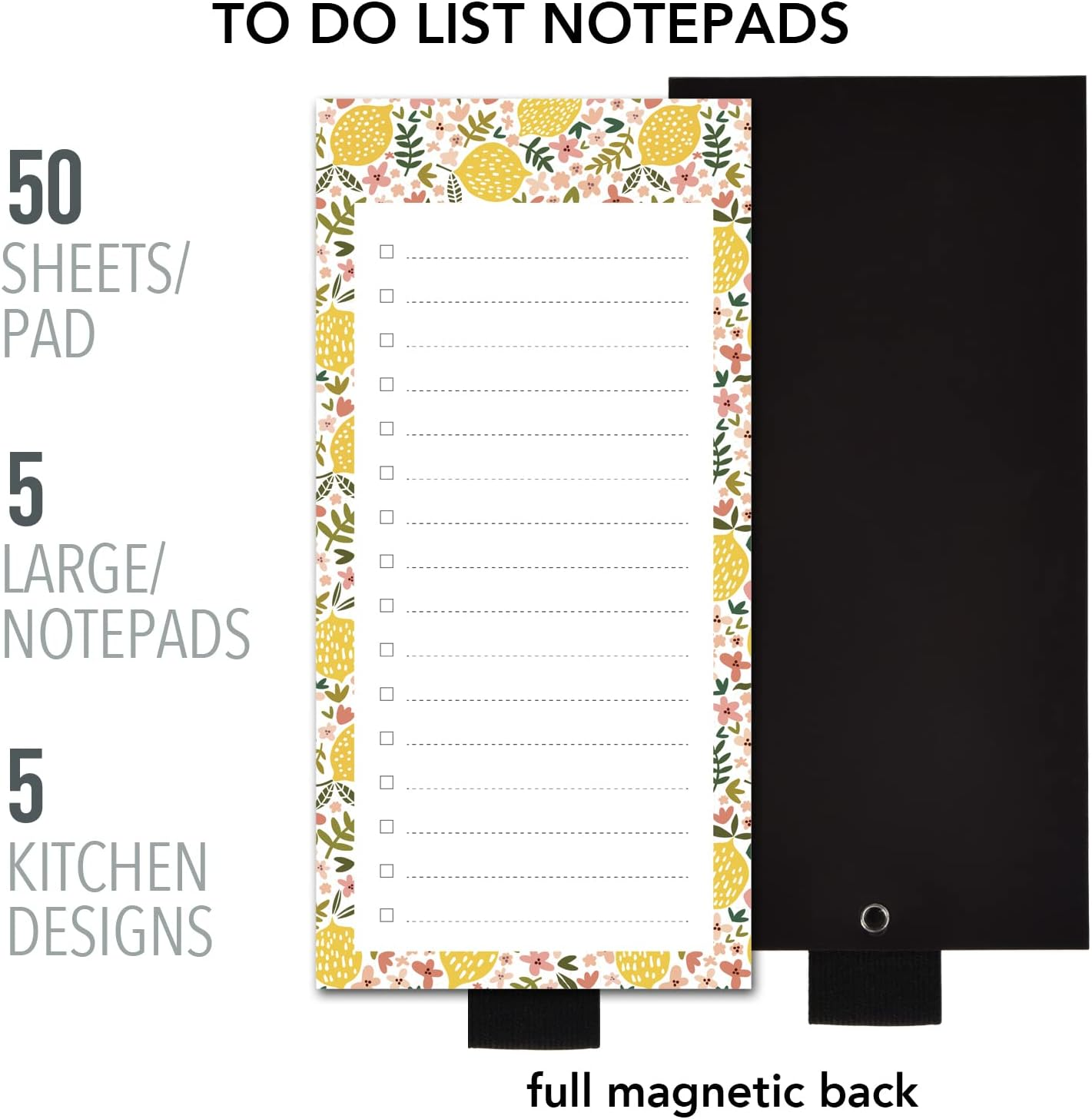 5 Pack Lemons Dandelion Flower Magnetic Notepads for Fridge with Pen Holder, 6" X 3", 50 Sheets, Magnet Memo Pad for Fridge, Locker, File Cabinet, to Do List, Grocery Shopping