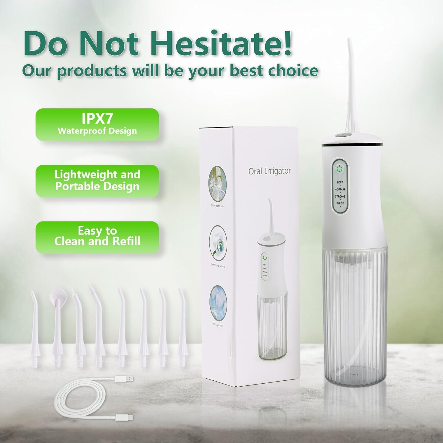 Cordless Water Flosser for Teeth, Electric Oral Irrigator with 4 Cleaning Modes & 8 Jet Tips, IPX7 Waterproof Dental Irrigator, Portable Rechargeable Teeth Cleaner for Home Travel,White image number 2