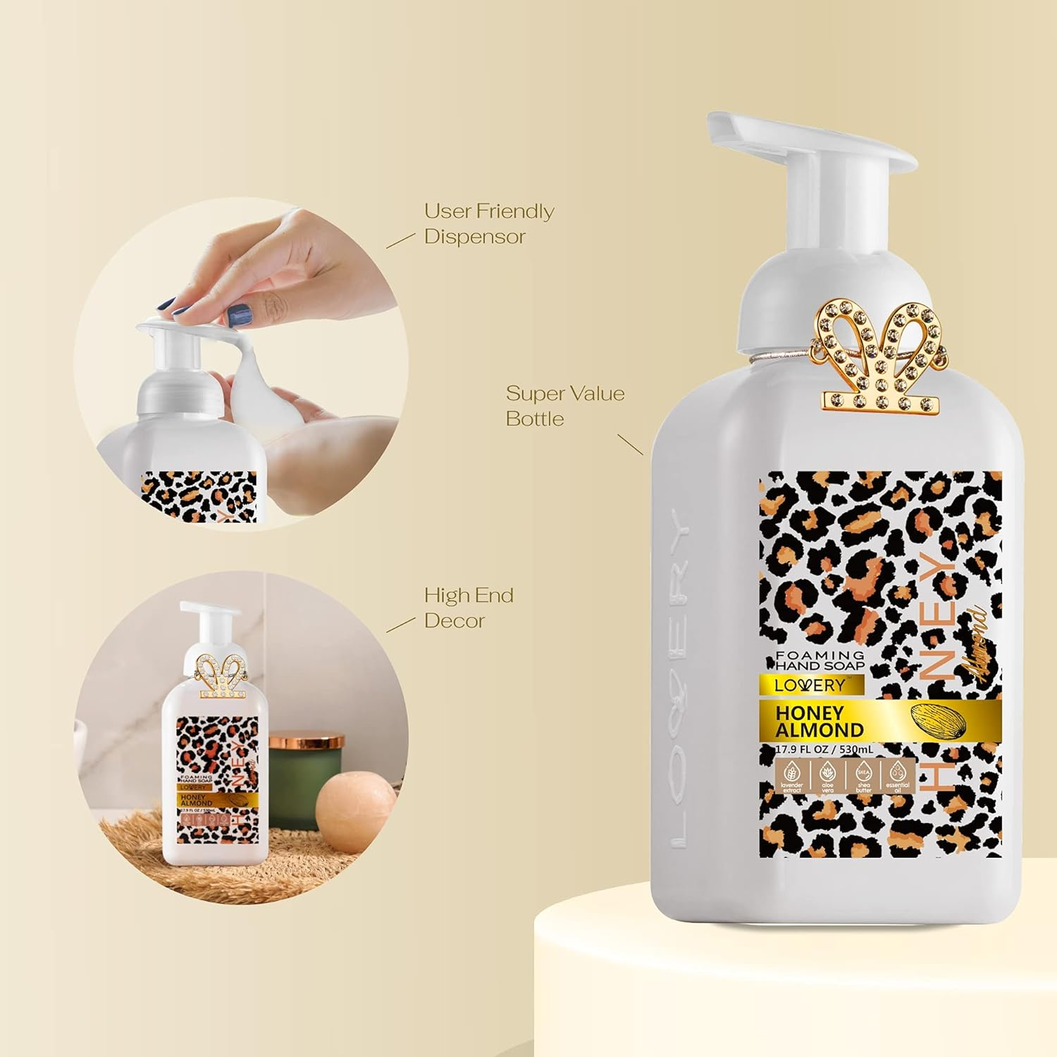 Lovery Foaming Hand Soap - 17.9 Fl Oz, Moisturizing Hand Soap with Aloe Vera & Essential Oils - Alcohol-Free Hand Wash in Honey Almond Fragrance - Scented Hand Wash for Kitchen or Bathroom - Free Swar image number 3