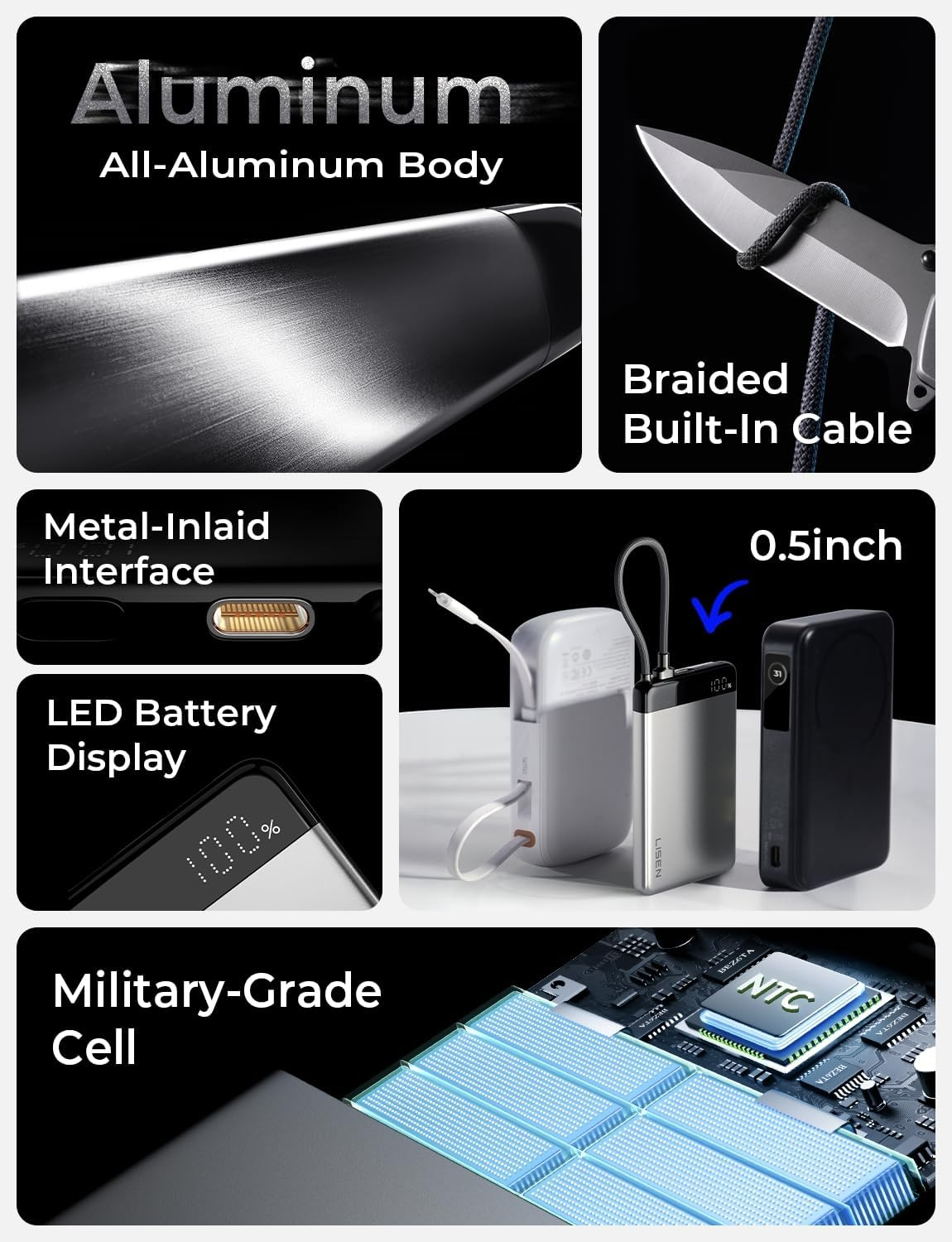 LISEN CCC Certified Power Bank 22.5W Portable Charger, Alloy 0.5" Ultra Slim Powerbank Travel Essentials, Battery Bank with Built-In USB C Cable, 10000Mah Portable Charger for Iphone 17 Pro Max 16 15 image number 5