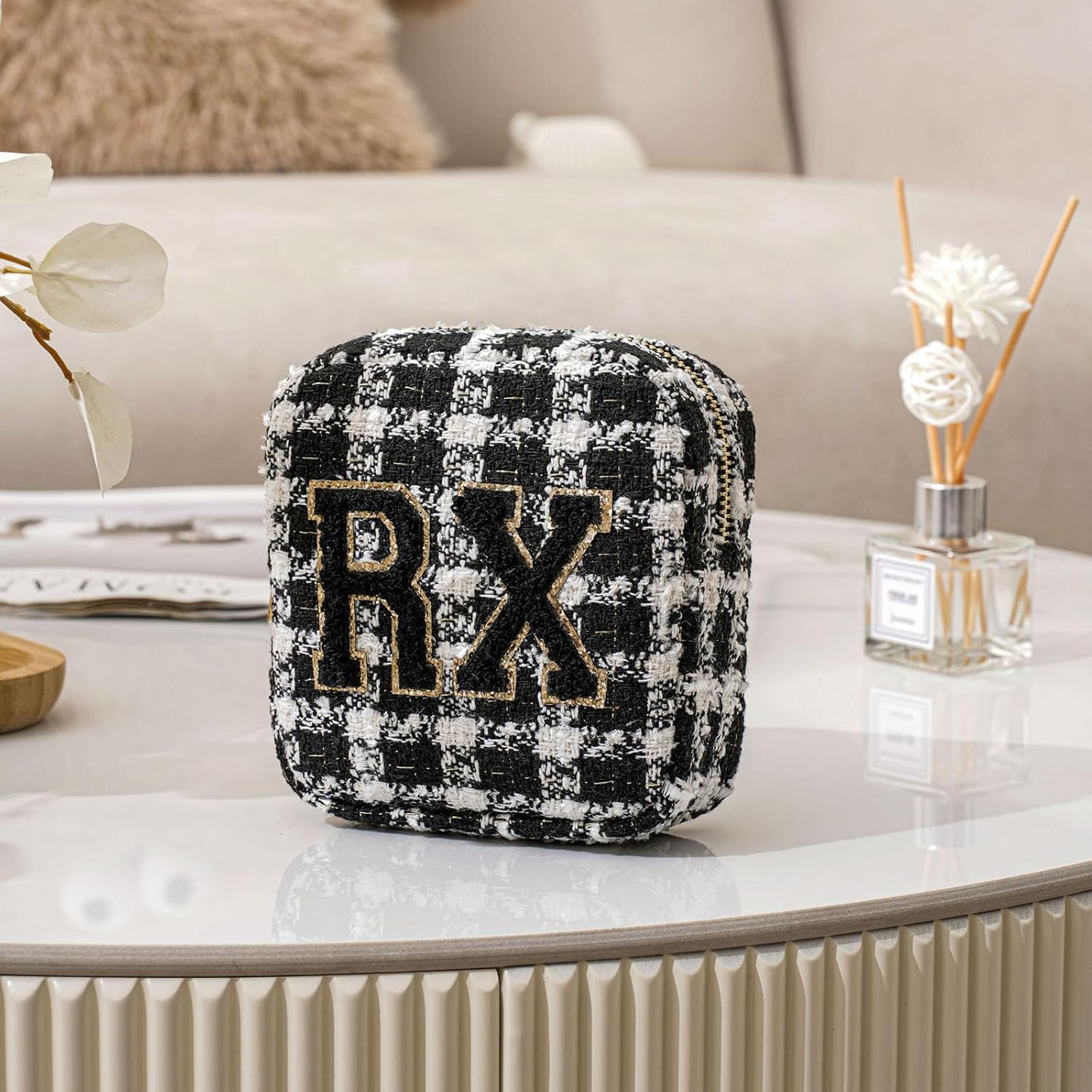 DDPOND Small Medicine Bag for Travel, Personalized RX Chenille Letters Checkered Pouch for Women and Girls, Cute Meds Drug Makeup Bags with Zipper (01Beige Checkered)