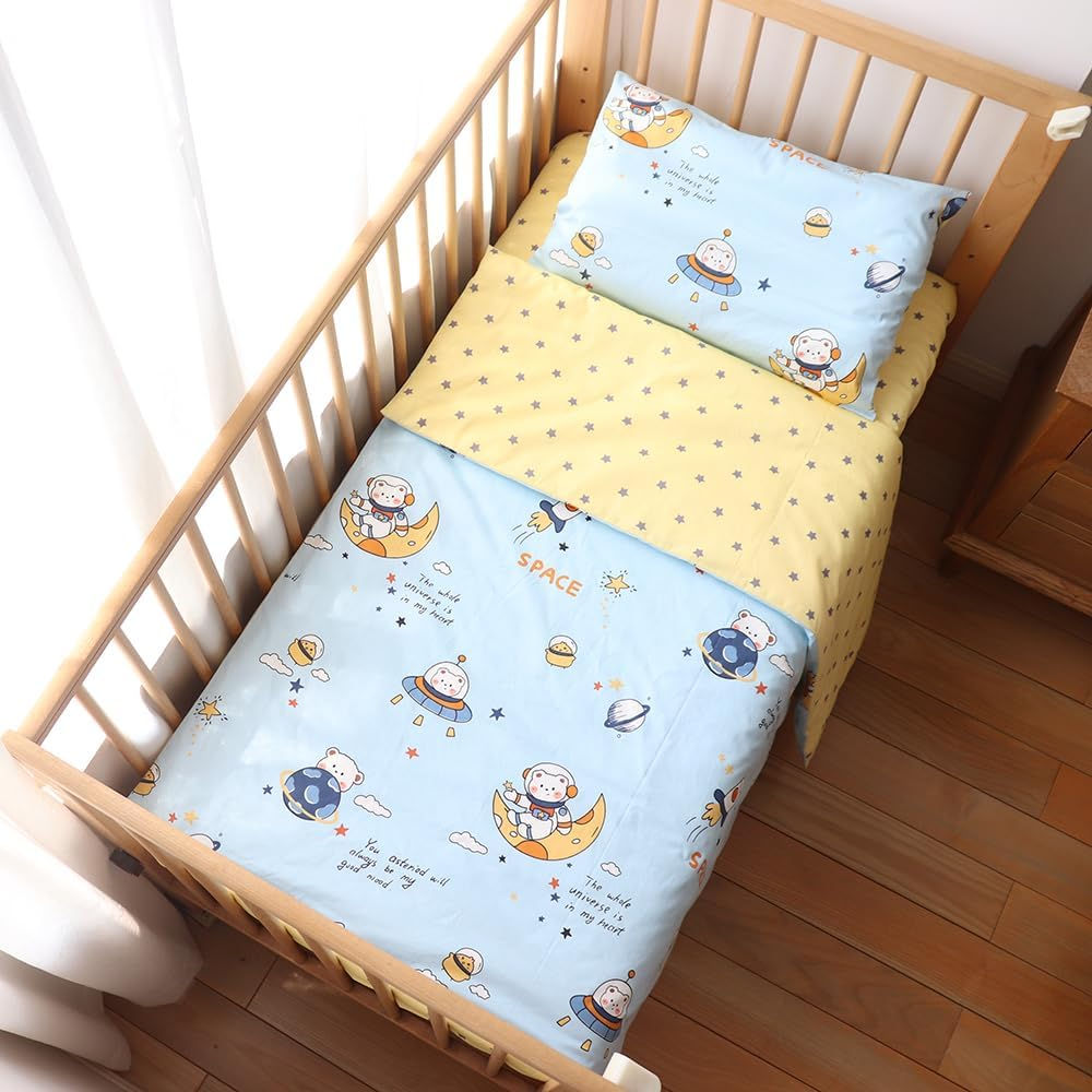 100% Cotton Crib Bedding Set for Toddler Boys Girls,3Pcs Baby Bed Linen Include Duvet Cover Fitted Sheet Pillowcase Nursery Decoration (Purple)