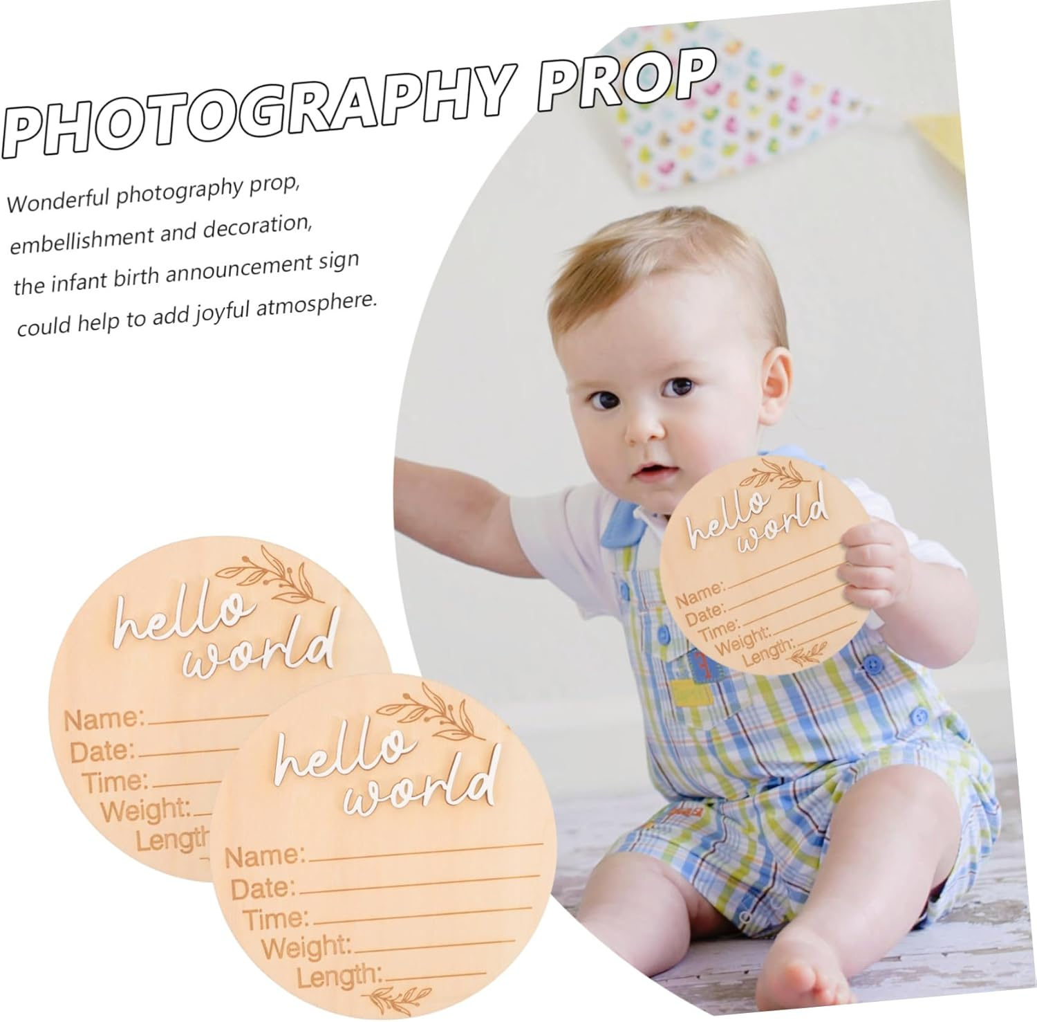 2Pcs Natural Wood Birth Announcement Sign Nursery Newborn Name Plaques with Birth Details Decorative Photo Props for Newborns Showers and Gifts image number 2