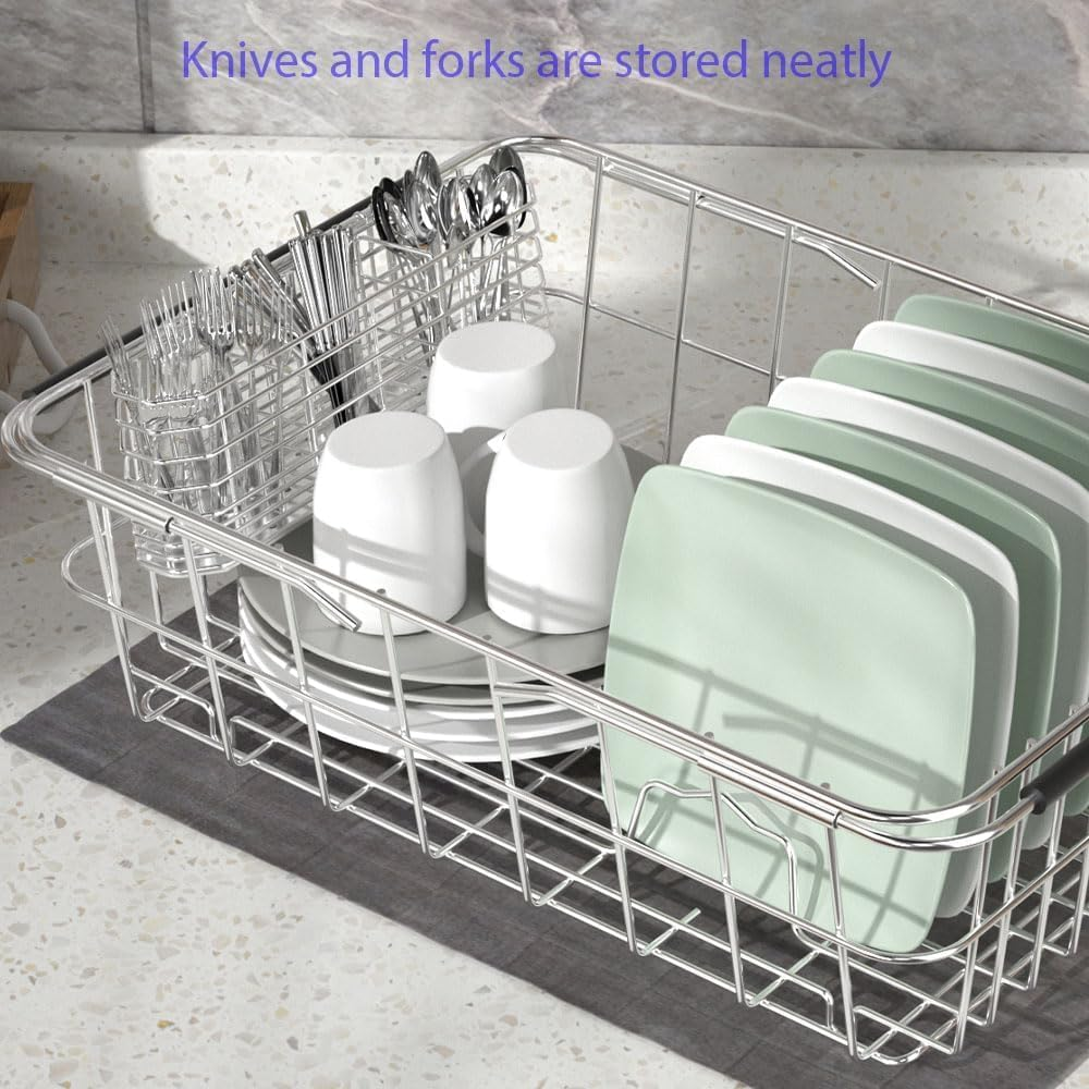 Cutlery Holder, Silverware Organizer and Drying Rack Stainless Steel Cutlery Rack with Hook Drying Rack, 3 Compartments, Rust-Proof. image number 2