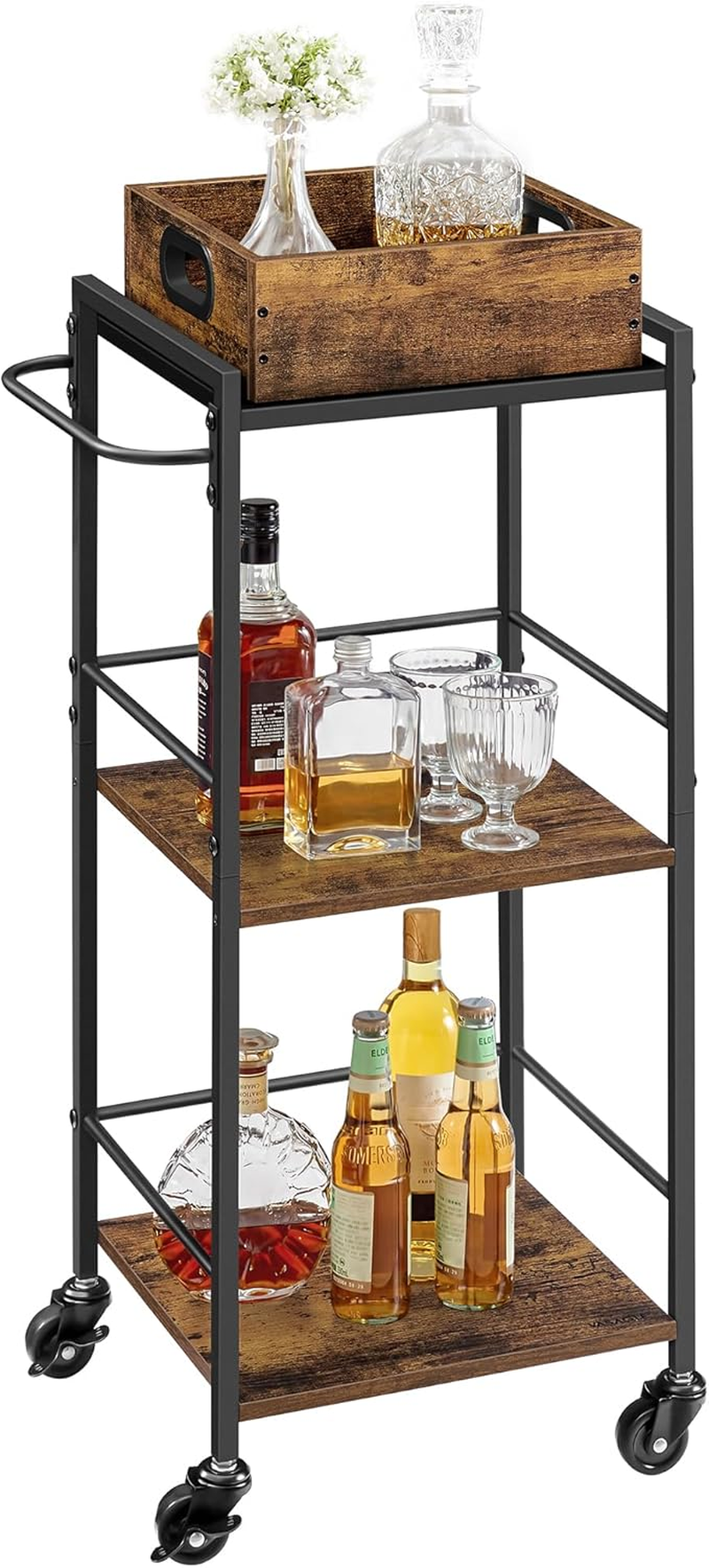 VASAGLE Industrial Bar Cart for the Home, Serving Cart with Wheels and Handle, 3-Tier Beverage Cart with Removable Tray and Storage Shelves for Living Room Kitchen, Rustic Brown and Black ULRC72X